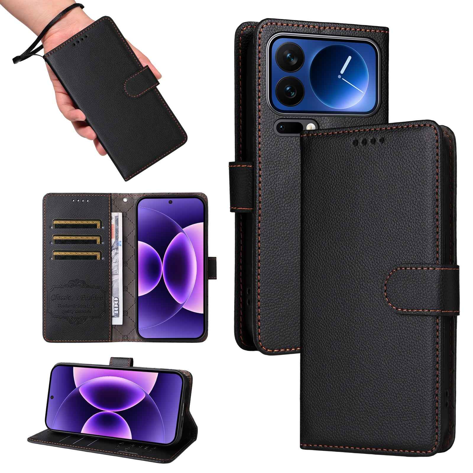 For Xiaomi 17 Pro Case RFID Blocking 3 Card Slots PU Leather Phone Cover with Wrist Strap - Black