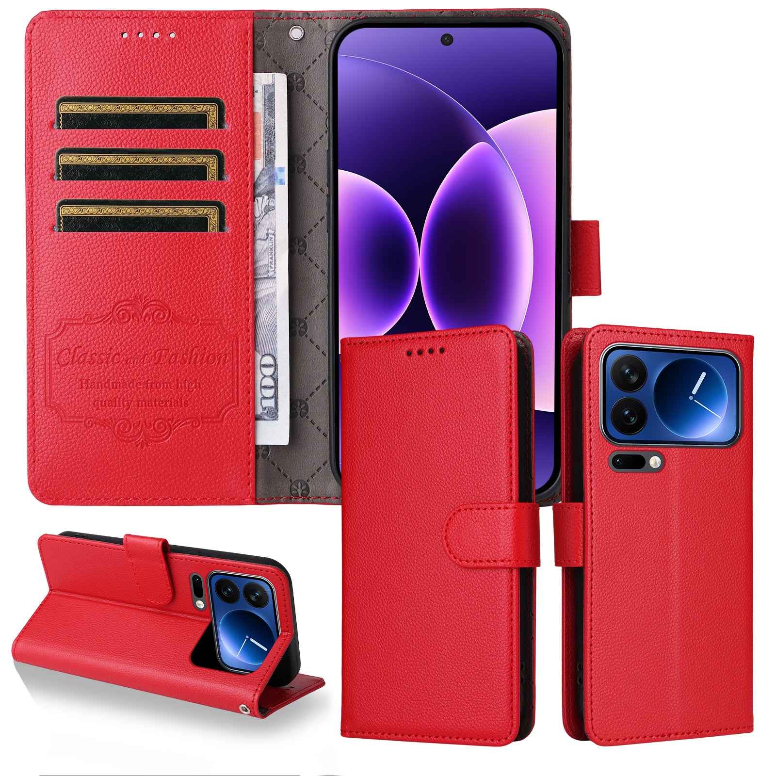 For Xiaomi 17 Pro Case RFID Blocking 3 Card Slots PU Leather Phone Cover with Wrist Strap - Red
