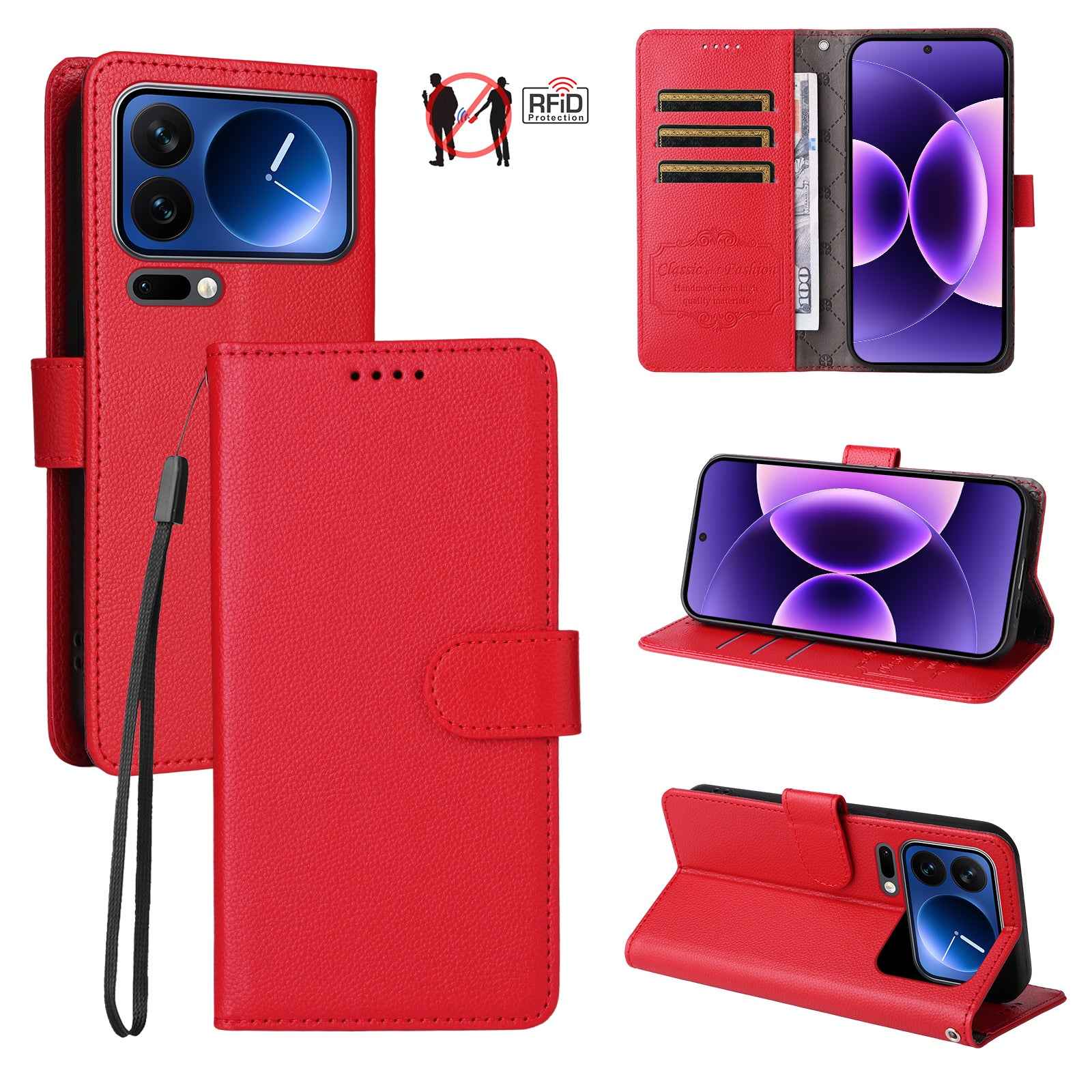 For Xiaomi 17 Pro Case RFID Blocking 3 Card Slots PU Leather Phone Cover with Wrist Strap - Red