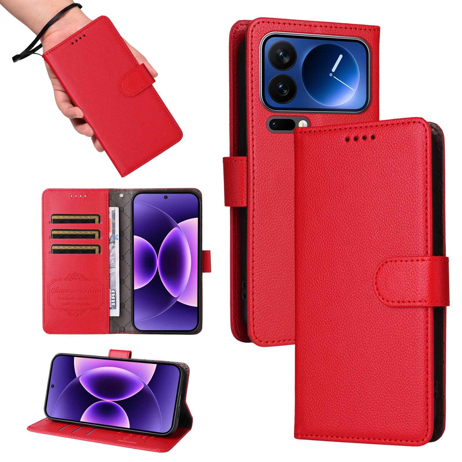 For Xiaomi 17 Pro Case RFID Blocking 3 Card Slots PU Leather Phone Cover with Wrist Strap - Red