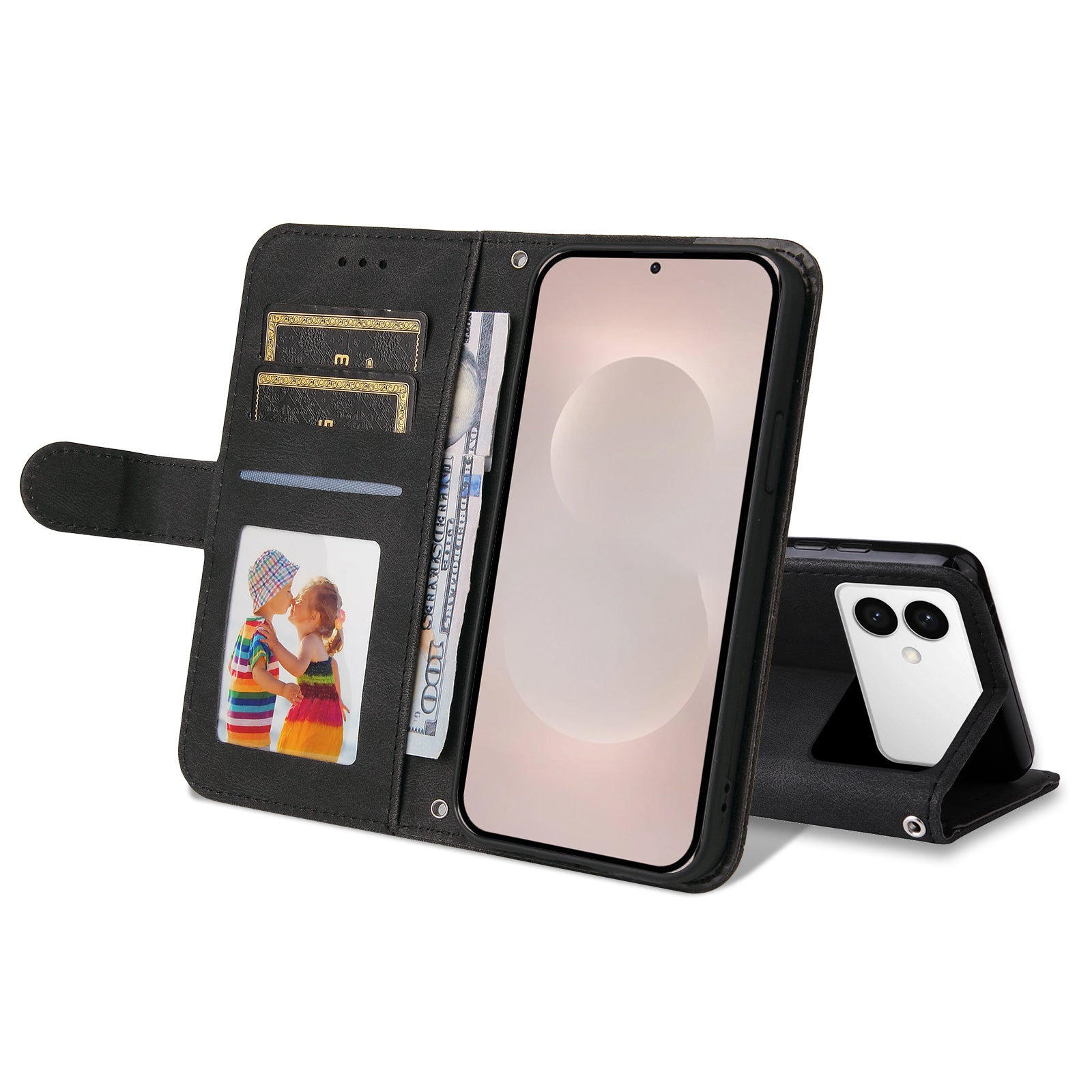 For-Samsung-Galaxy-S26-Edge-Leather-Wallet-Cases-Skin-Touch-Phone-Cover-Stand-with-Strap-Black