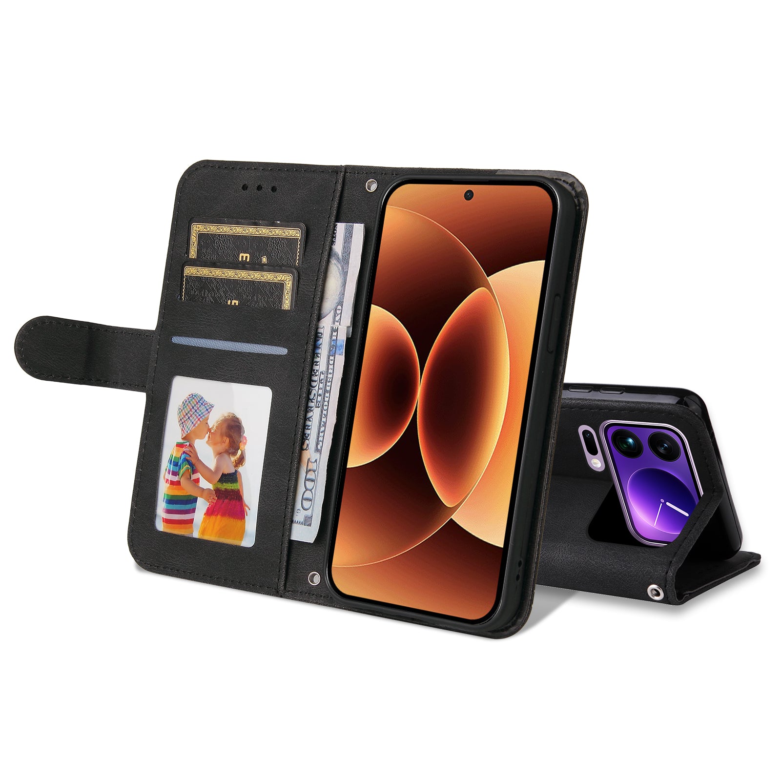 For Xiaomi 17 Pro Max Leather Wallet Cases Skin Touch Phone Cover Stand with Strap - Black