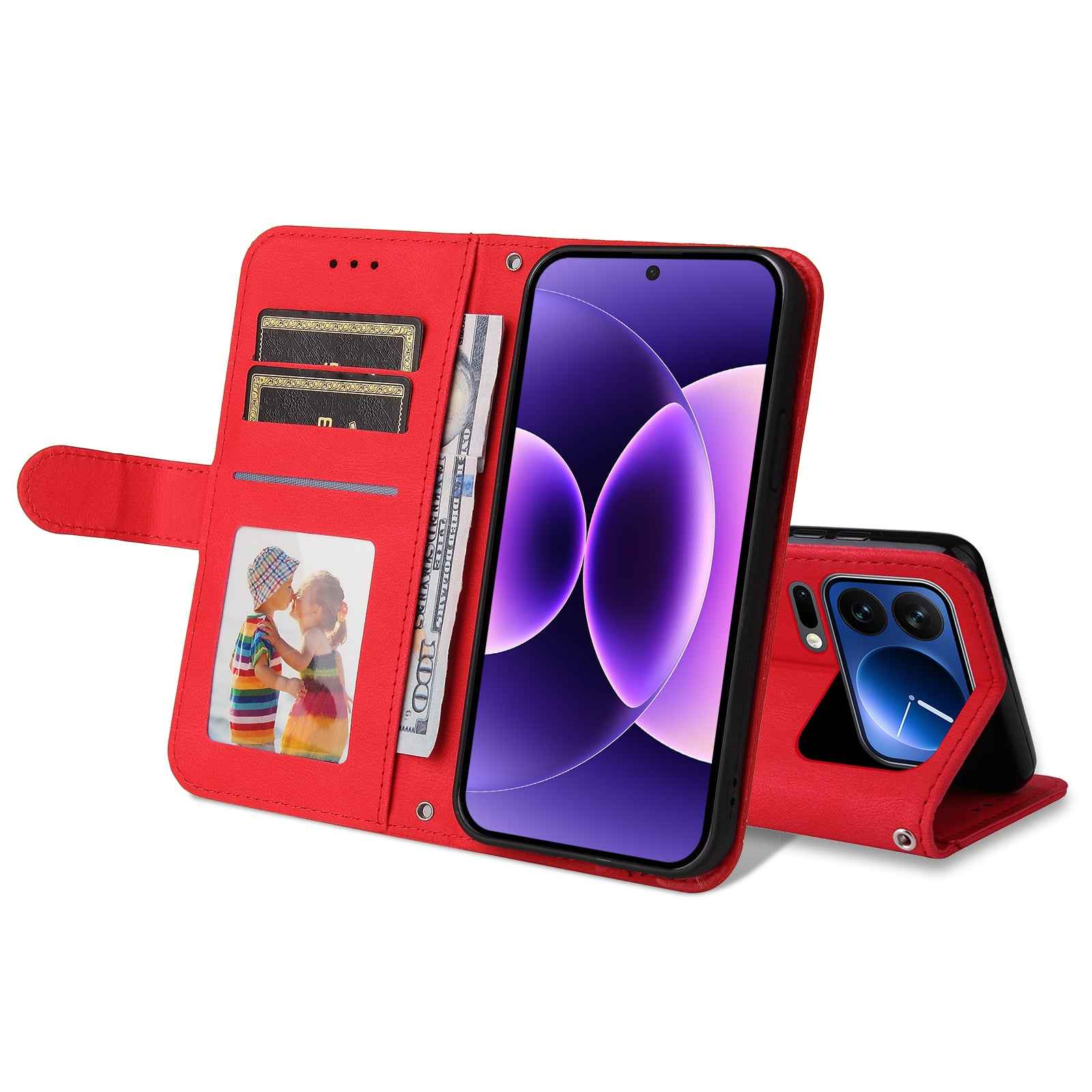 For Xiaomi 17 Pro Leather Wallet Cases Skin Touch Phone Cover Stand with Strap - Red