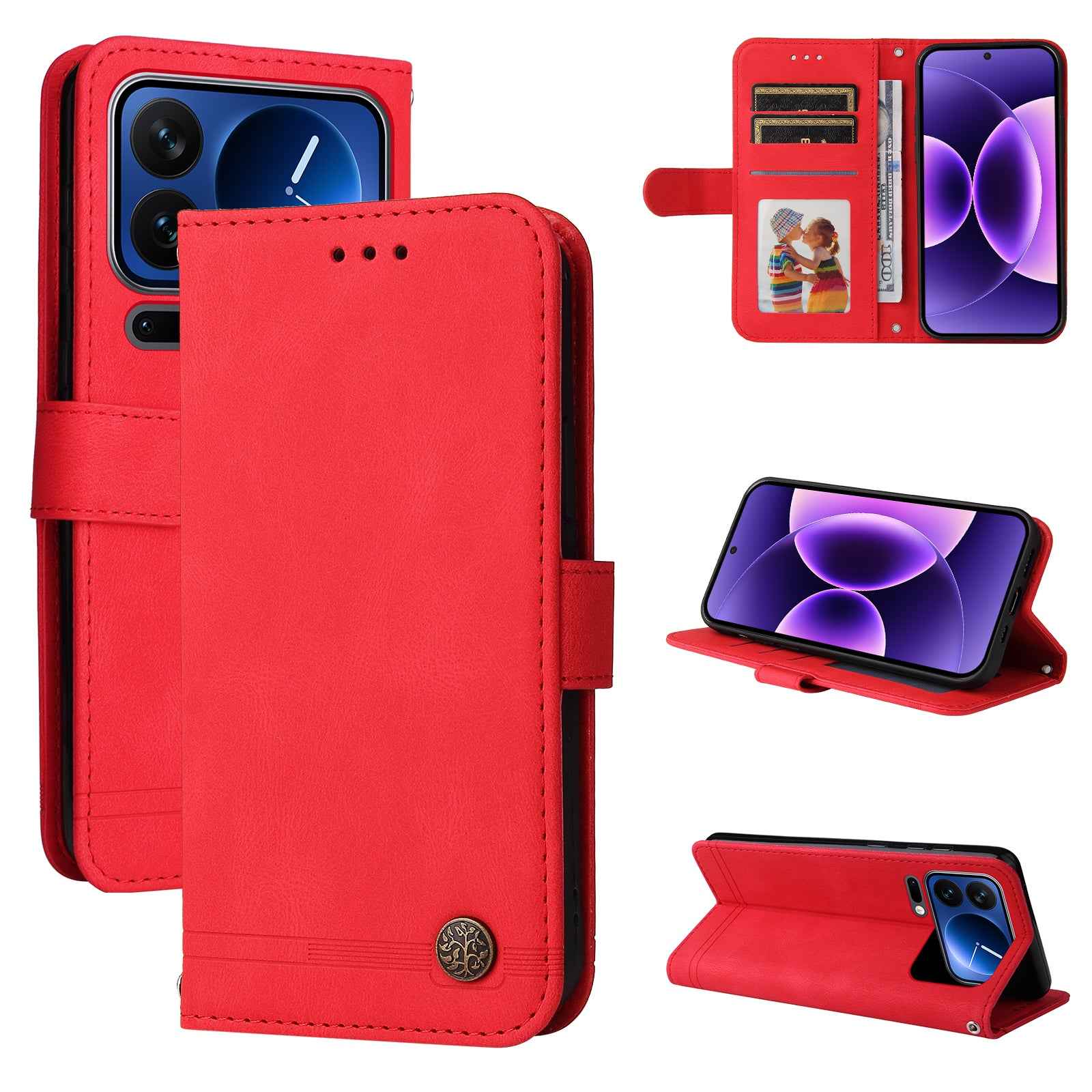 For Xiaomi 17 Pro Leather Wallet Cases Skin Touch Phone Cover Stand with Strap - Red