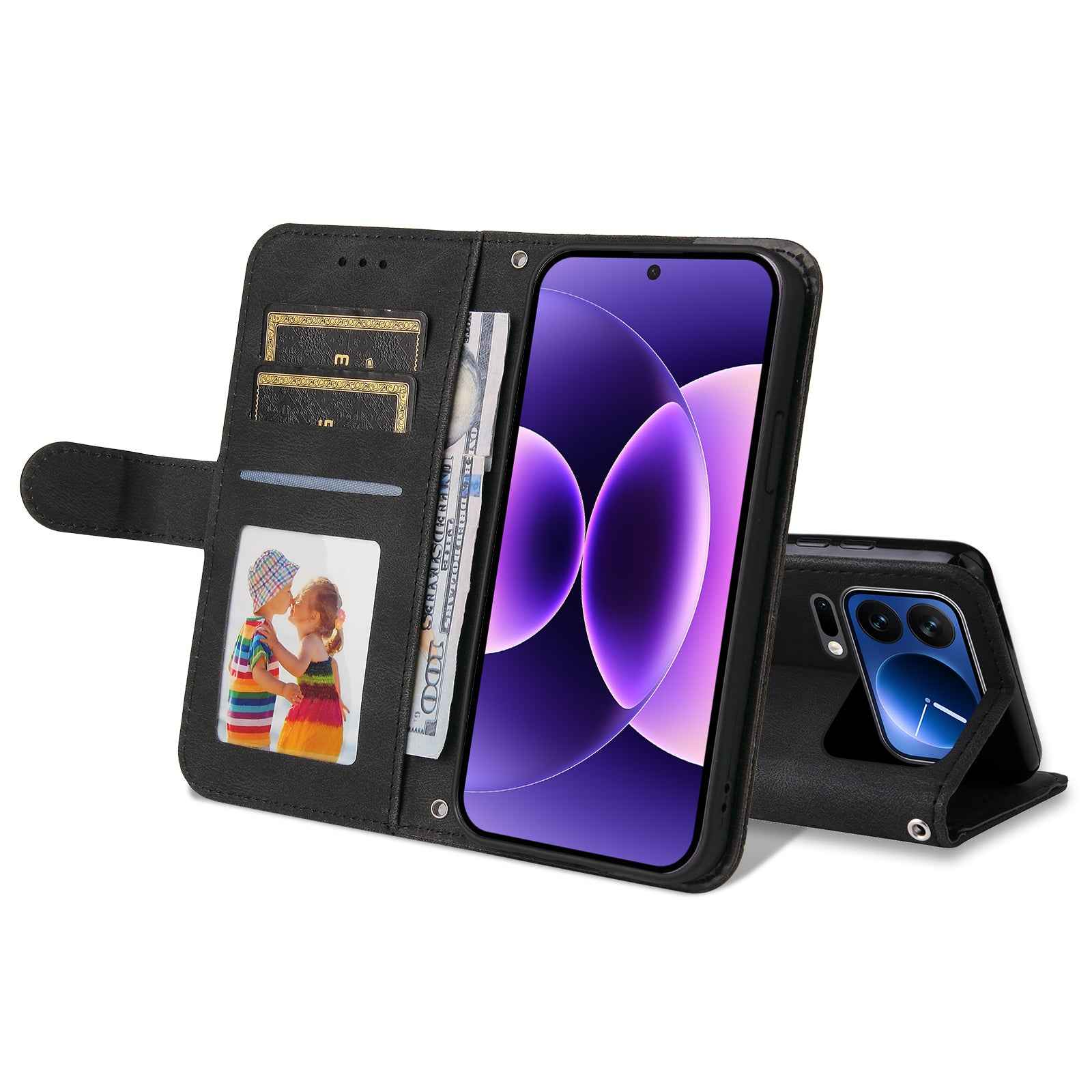 For Xiaomi 17 Pro Leather Wallet Cases Skin Touch Phone Cover Stand with Strap - Black