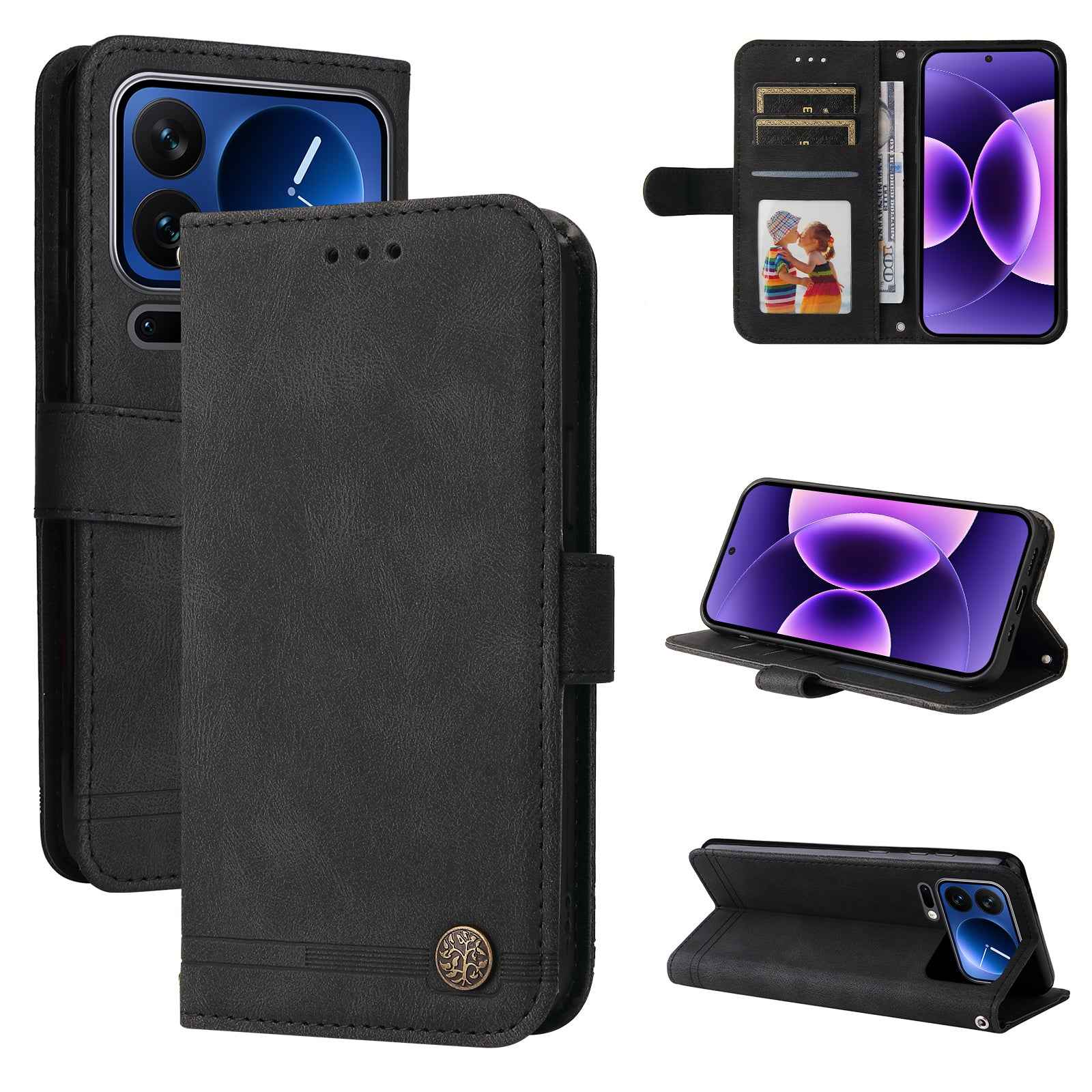 For Xiaomi 17 Pro Leather Wallet Cases Skin Touch Phone Cover Stand with Strap - Black