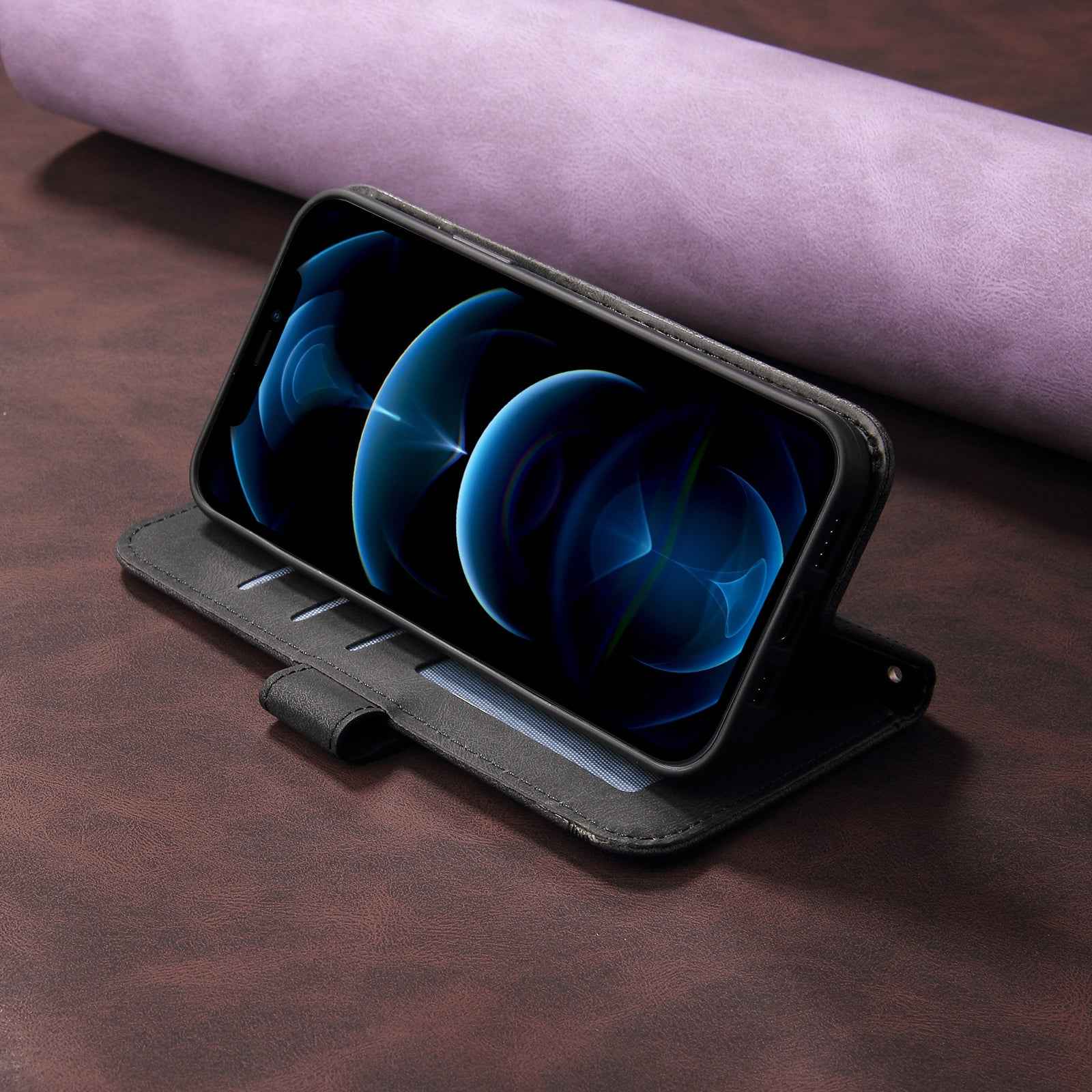 For Xiaomi 17 Pro Leather Wallet Cases Skin Touch Phone Cover Stand with Strap - Black