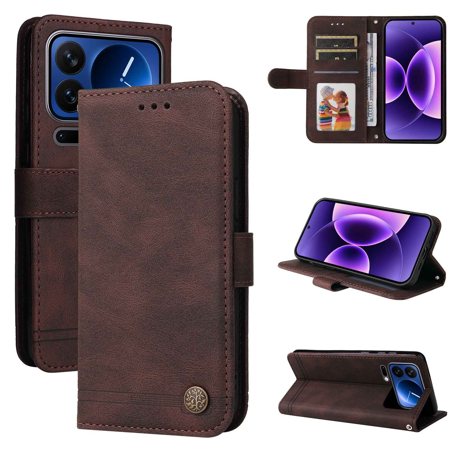 For Xiaomi 17 Pro Leather Wallet Cases Skin Touch Phone Cover Stand with Strap - Brown