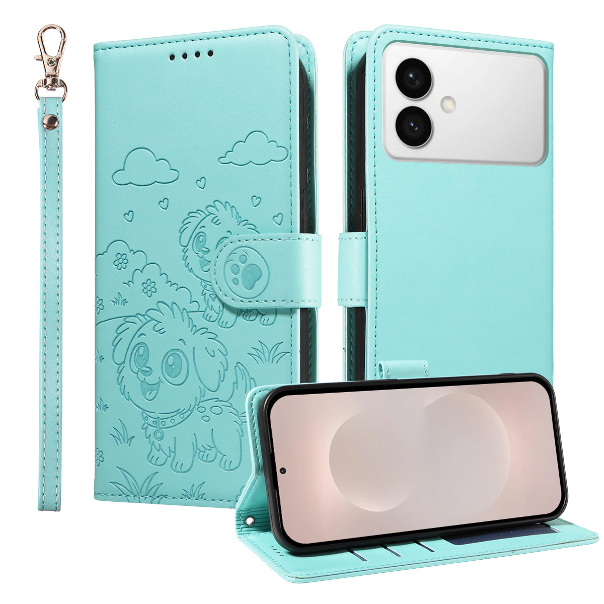 For-Samsung-Galaxy-S26-Edge-Case-RFID-Blocking-Imprinted-Dog-Pattern-PU-Leather-Phone-Cover-with-Wrist-Strap-Green