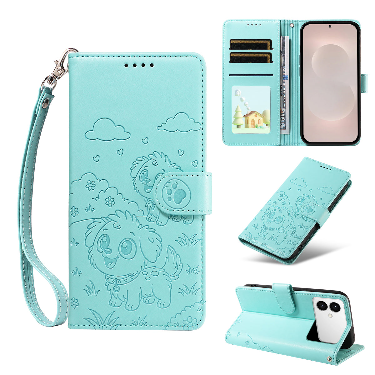 For-Samsung-Galaxy-S26-Edge-Case-RFID-Blocking-Imprinted-Dog-Pattern-PU-Leather-Phone-Cover-with-Wrist-Strap-Green