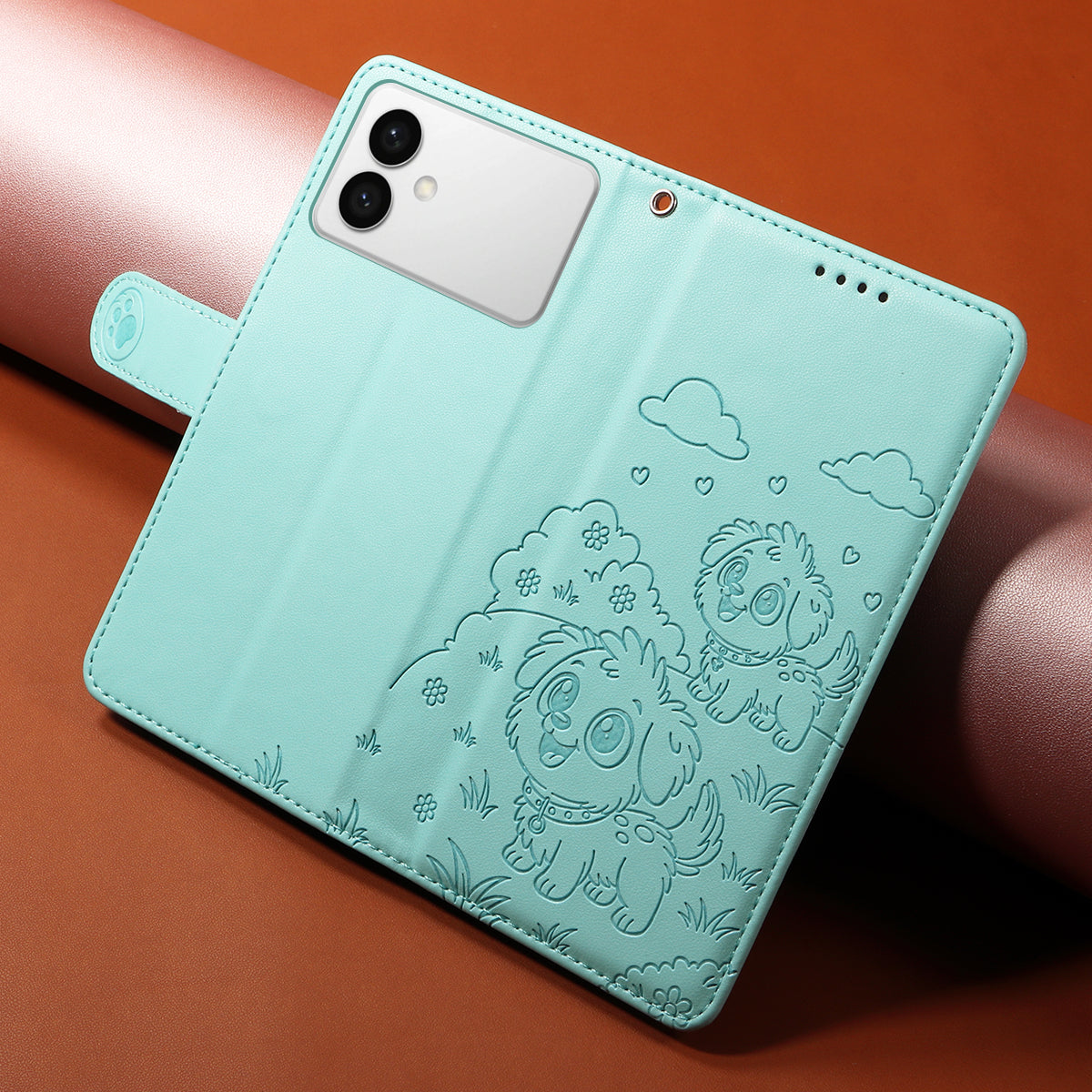 For-Samsung-Galaxy-S26-Edge-Case-RFID-Blocking-Imprinted-Dog-Pattern-PU-Leather-Phone-Cover-with-Wrist-Strap-Green