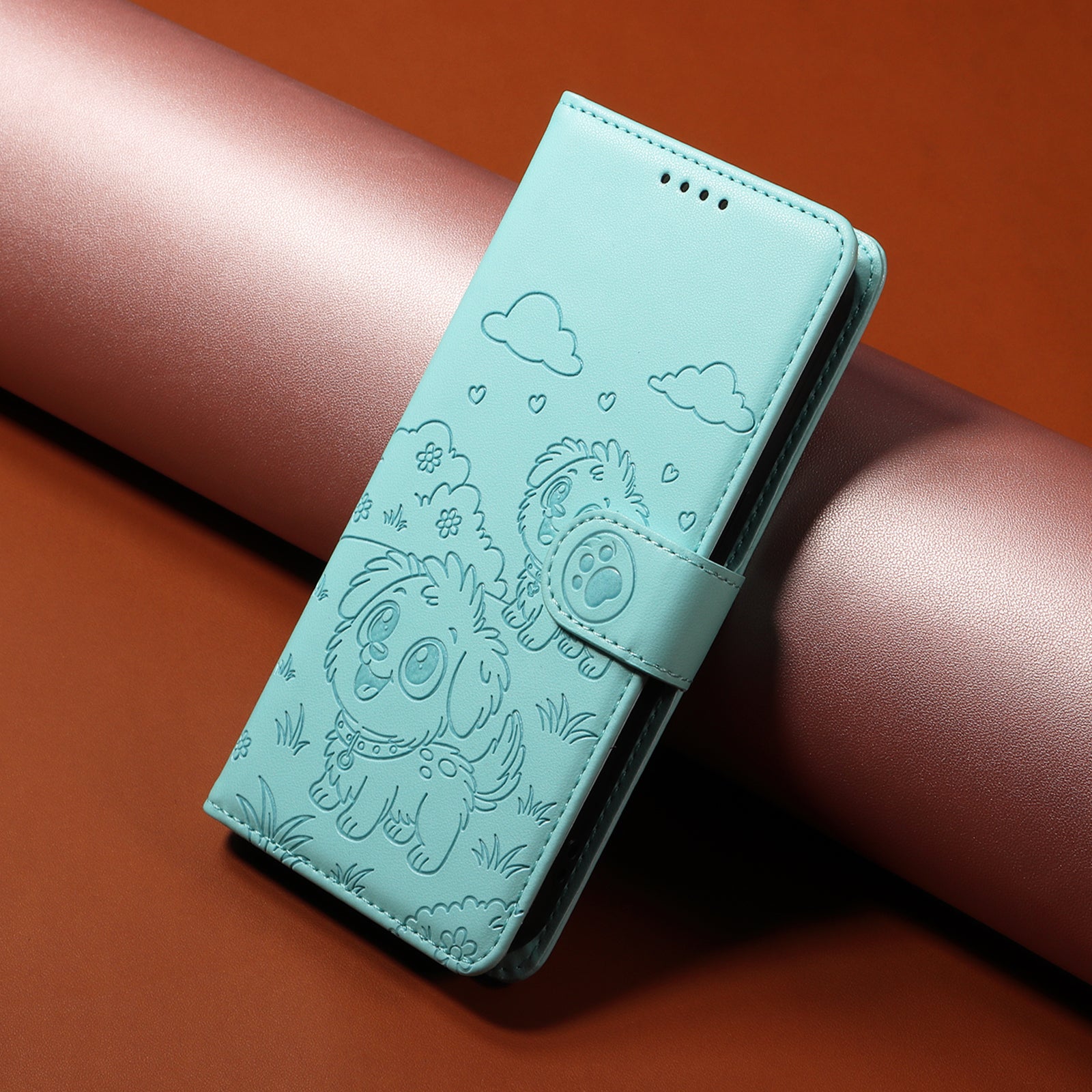 For-Samsung-Galaxy-S26-Edge-Case-RFID-Blocking-Imprinted-Dog-Pattern-PU-Leather-Phone-Cover-with-Wrist-Strap-Green