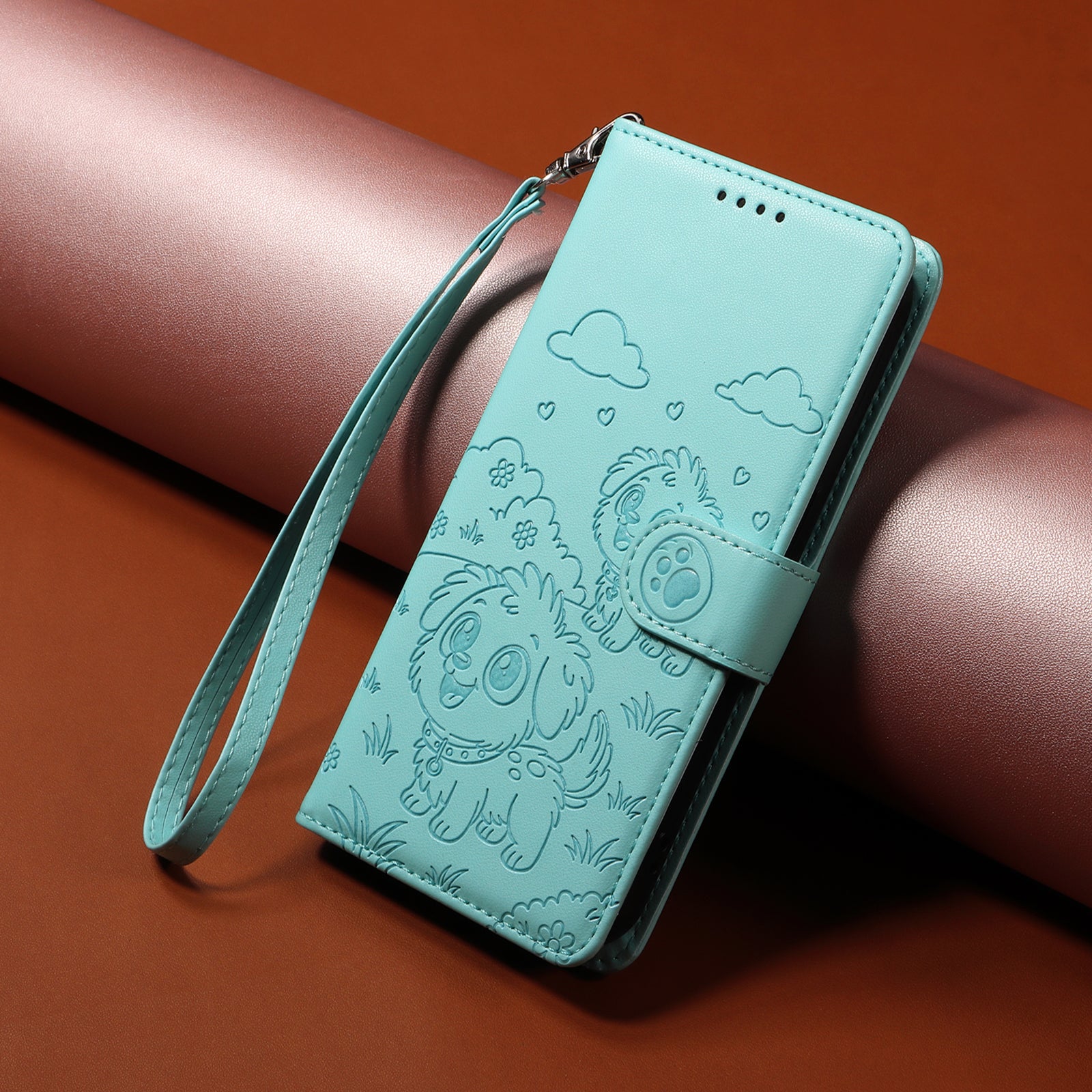 For-Samsung-Galaxy-S26-Edge-Case-RFID-Blocking-Imprinted-Dog-Pattern-PU-Leather-Phone-Cover-with-Wrist-Strap-Green