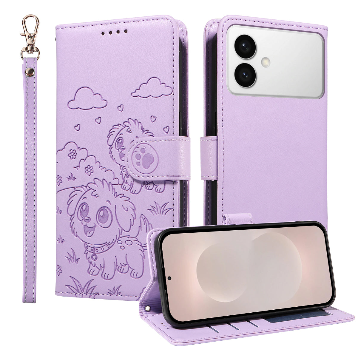 For-Samsung-Galaxy-S26-Edge-Case-RFID-Blocking-Imprinted-Dog-Pattern-PU-Leather-Phone-Cover-with-Wrist-Strap-Purple
