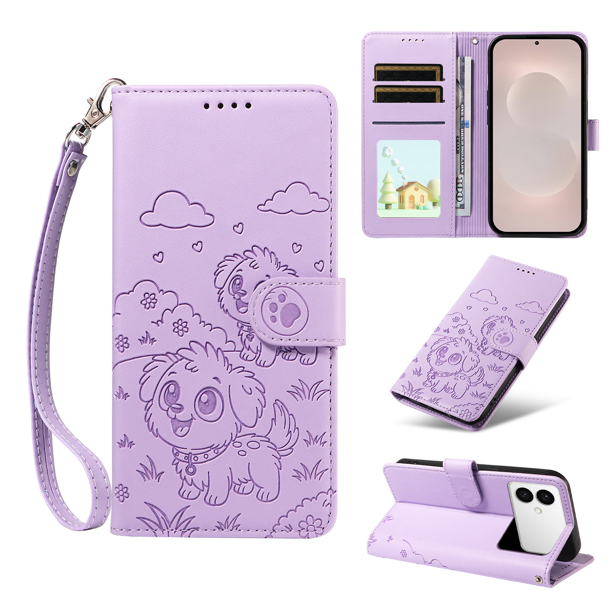 For-Samsung-Galaxy-S26-Edge-Case-RFID-Blocking-Imprinted-Dog-Pattern-PU-Leather-Phone-Cover-with-Wrist-Strap-Purple