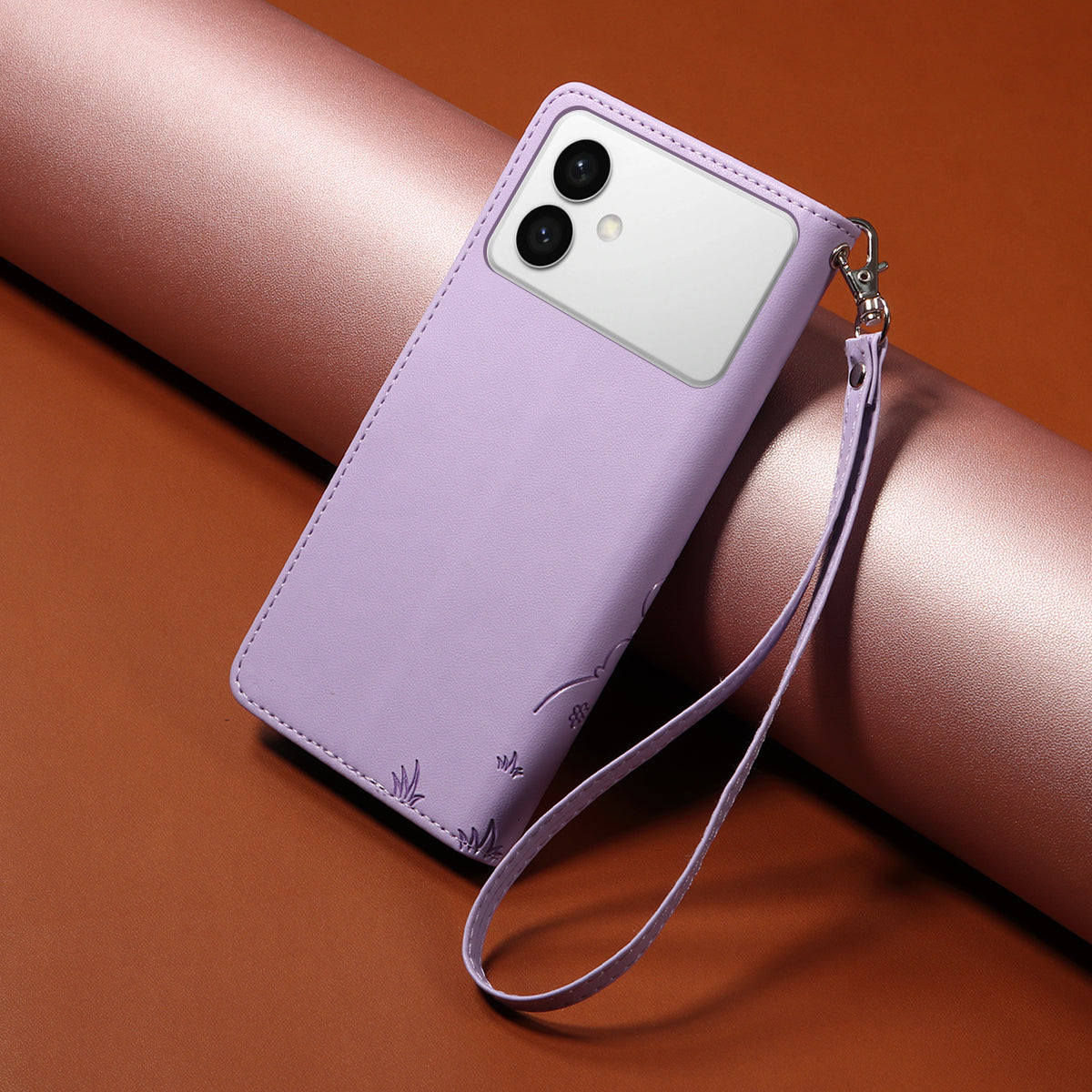 For-Samsung-Galaxy-S26-Edge-Case-RFID-Blocking-Imprinted-Dog-Pattern-PU-Leather-Phone-Cover-with-Wrist-Strap-Purple