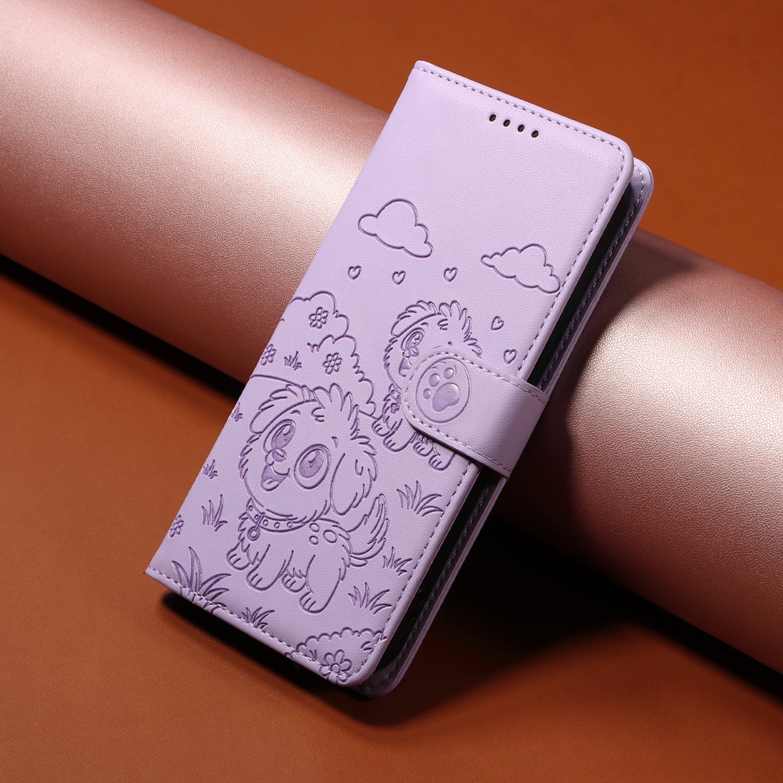 For-Samsung-Galaxy-S26-Edge-Case-RFID-Blocking-Imprinted-Dog-Pattern-PU-Leather-Phone-Cover-with-Wrist-Strap-Purple