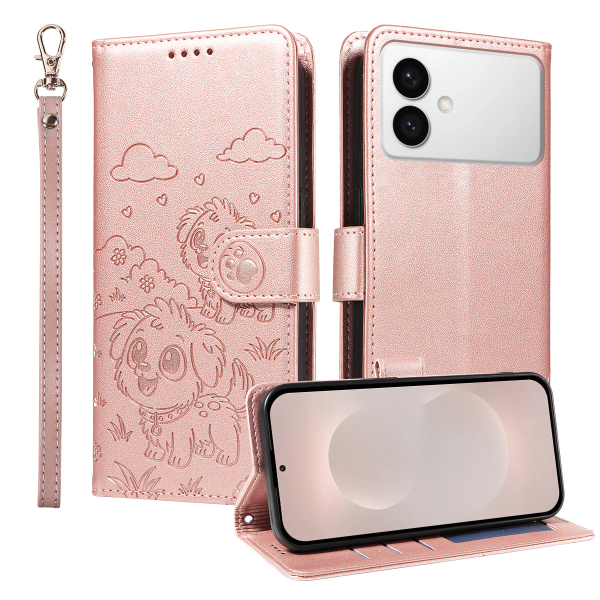 For-Samsung-Galaxy-S26-Edge-Case-RFID-Blocking-Imprinted-Dog-Pattern-PU-Leather-Phone-Cover-with-Wrist-Strap-Pink