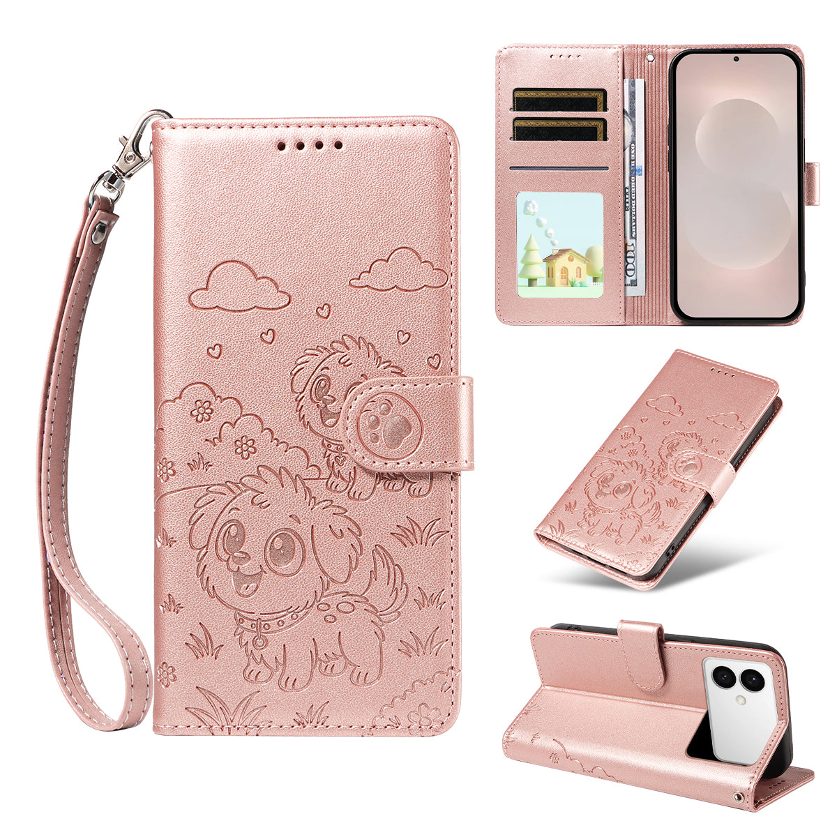For-Samsung-Galaxy-S26-Edge-Case-RFID-Blocking-Imprinted-Dog-Pattern-PU-Leather-Phone-Cover-with-Wrist-Strap-Pink