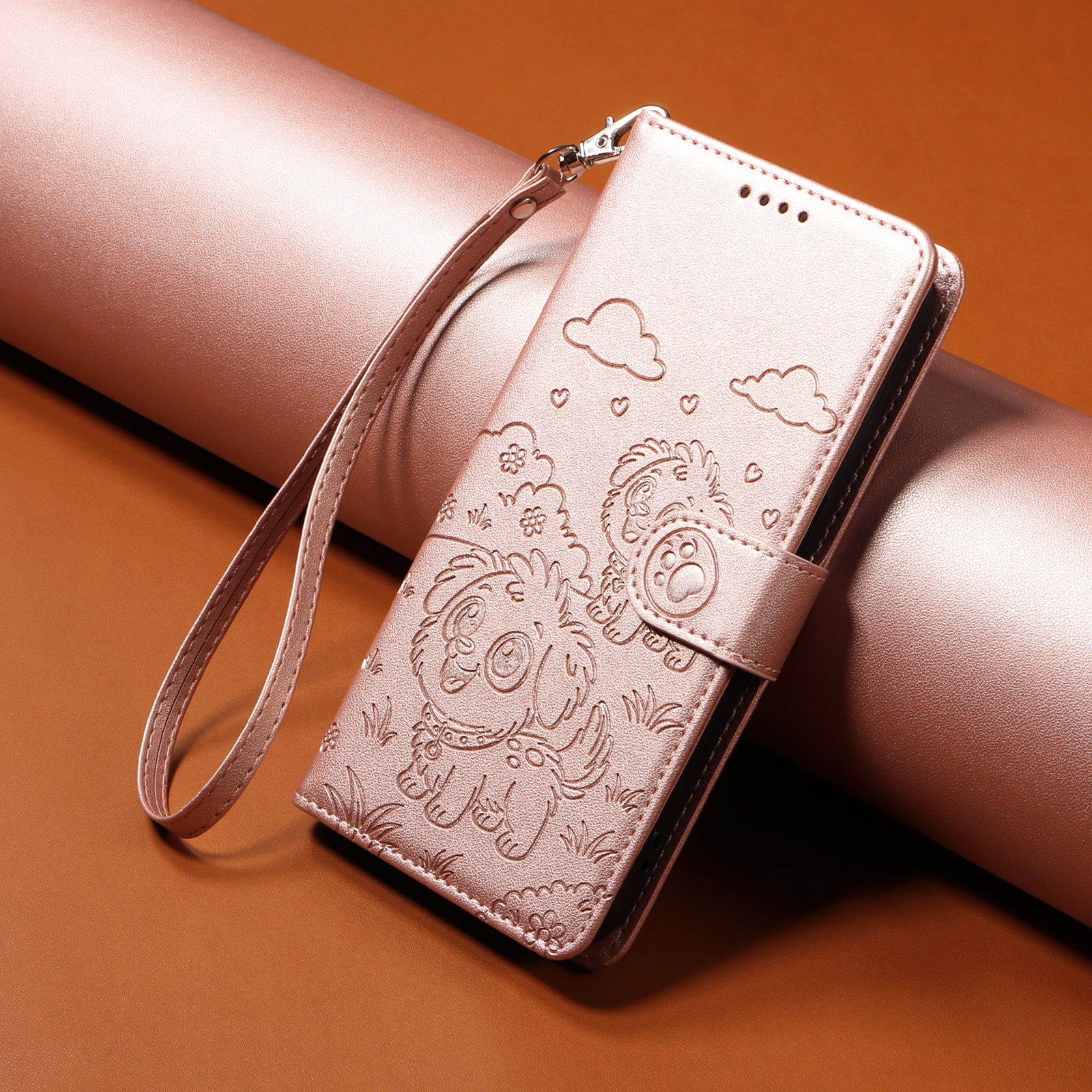 For-Samsung-Galaxy-S26-Edge-Case-RFID-Blocking-Imprinted-Dog-Pattern-PU-Leather-Phone-Cover-with-Wrist-Strap-Pink