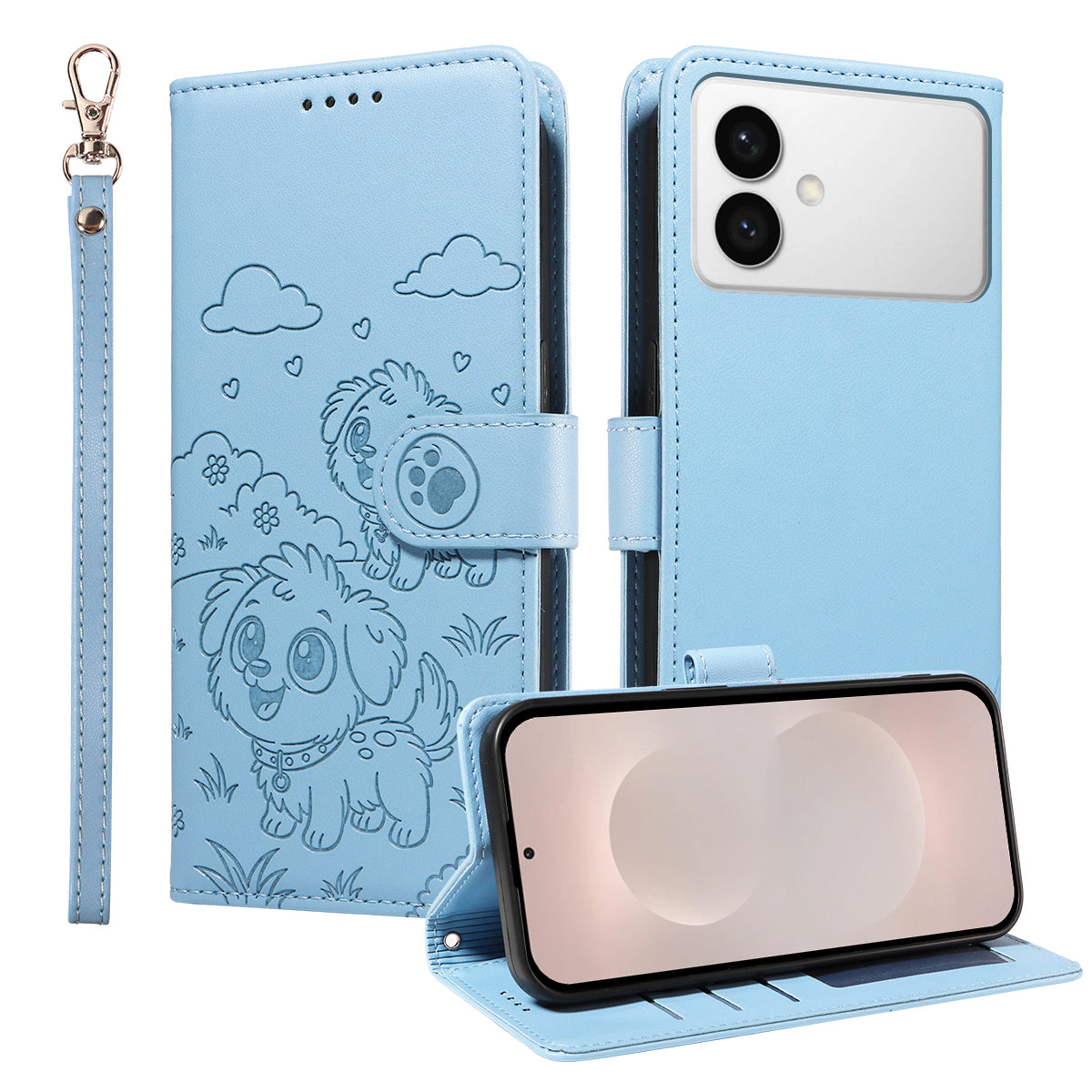 For-Samsung-Galaxy-S26-Edge-Case-RFID-Blocking-Imprinted-Dog-Pattern-PU-Leather-Phone-Cover-with-Wrist-Strap-Blue