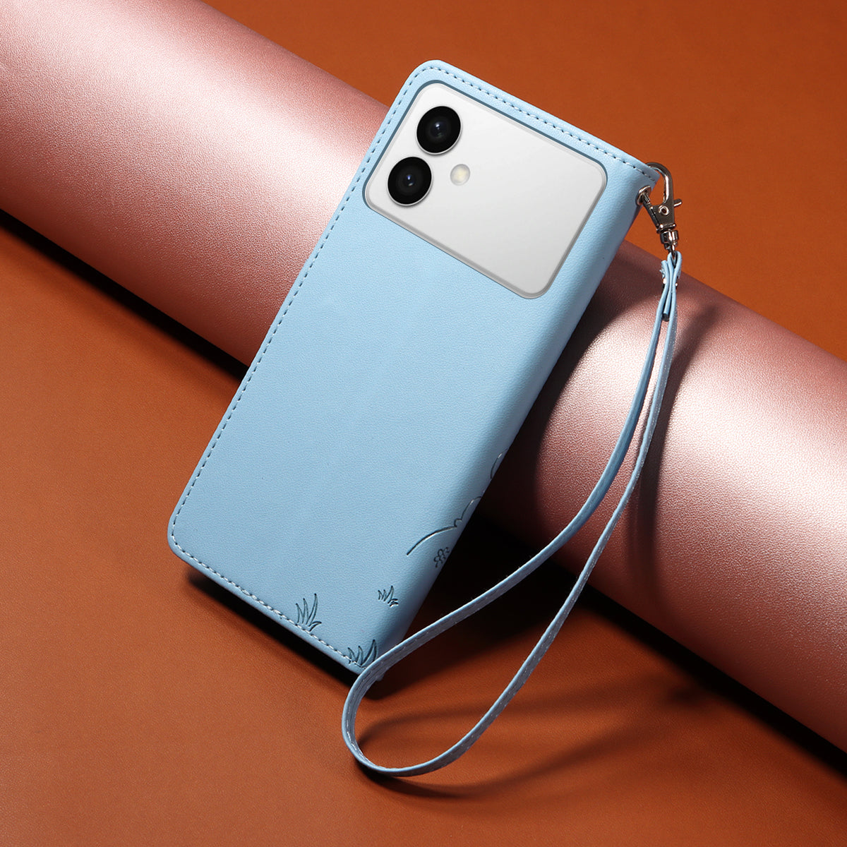 For-Samsung-Galaxy-S26-Edge-Case-RFID-Blocking-Imprinted-Dog-Pattern-PU-Leather-Phone-Cover-with-Wrist-Strap-Blue