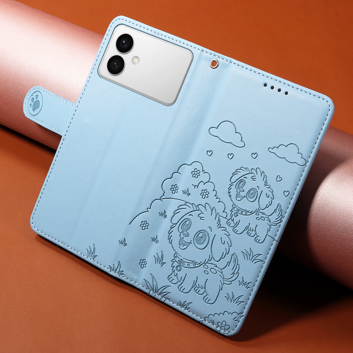 For-Samsung-Galaxy-S26-Edge-Case-RFID-Blocking-Imprinted-Dog-Pattern-PU-Leather-Phone-Cover-with-Wrist-Strap-Blue