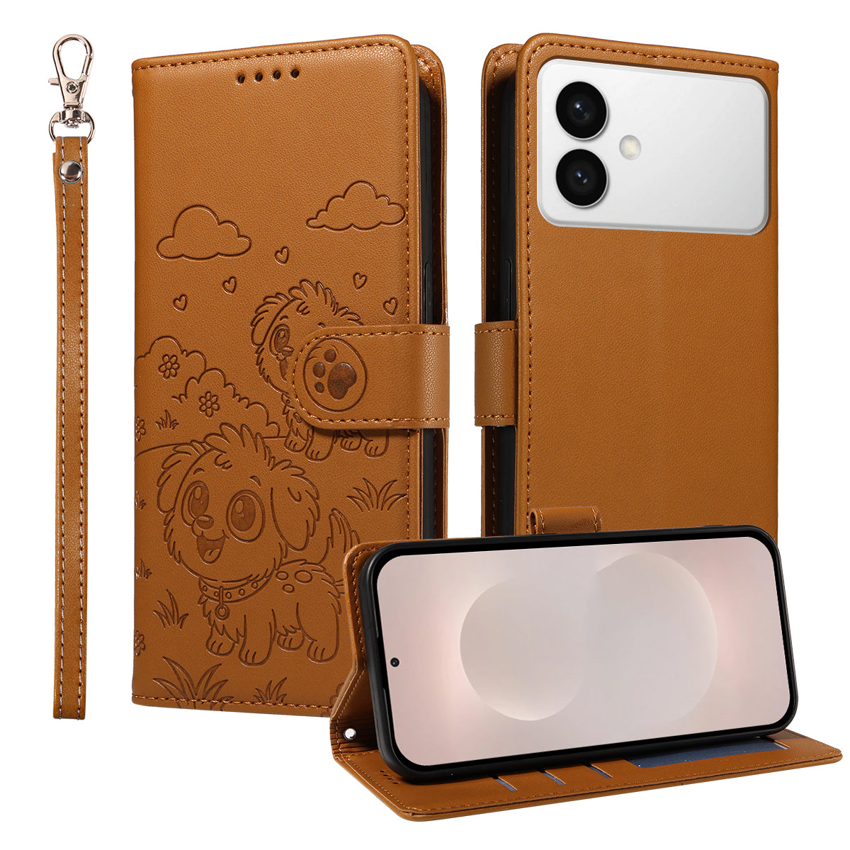 For-Samsung-Galaxy-S26-Edge-Case-RFID-Blocking-Imprinted-Dog-Pattern-PU-Leather-Phone-Cover-with-Wrist-Strap-Brown
