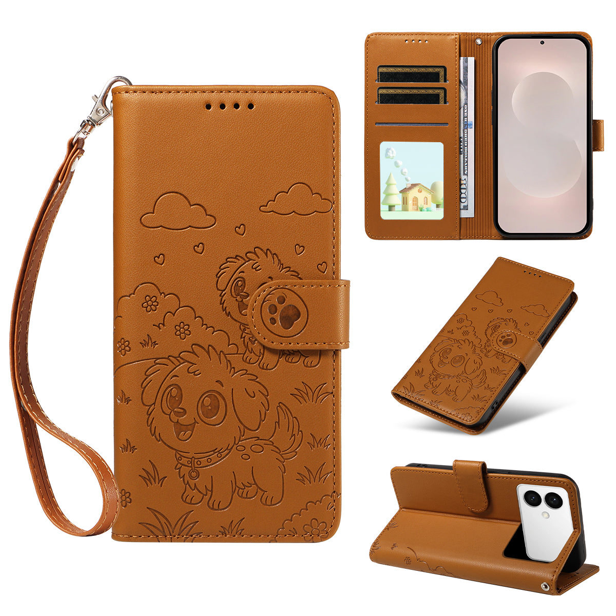 For-Samsung-Galaxy-S26-Edge-Case-RFID-Blocking-Imprinted-Dog-Pattern-PU-Leather-Phone-Cover-with-Wrist-Strap-Brown
