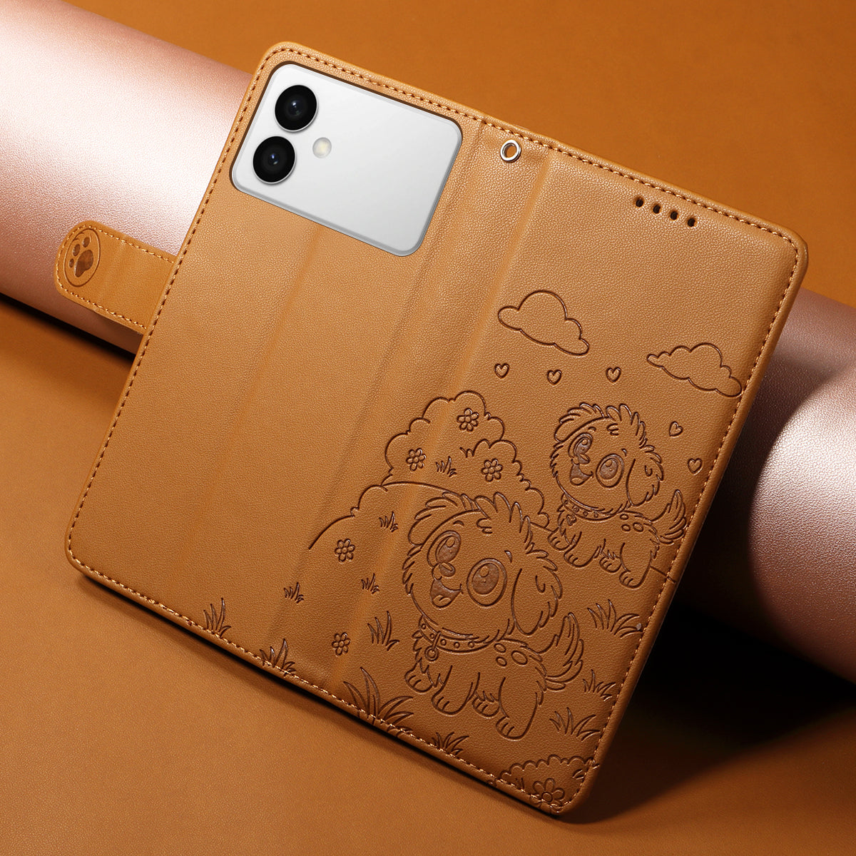 For-Samsung-Galaxy-S26-Edge-Case-RFID-Blocking-Imprinted-Dog-Pattern-PU-Leather-Phone-Cover-with-Wrist-Strap-Brown