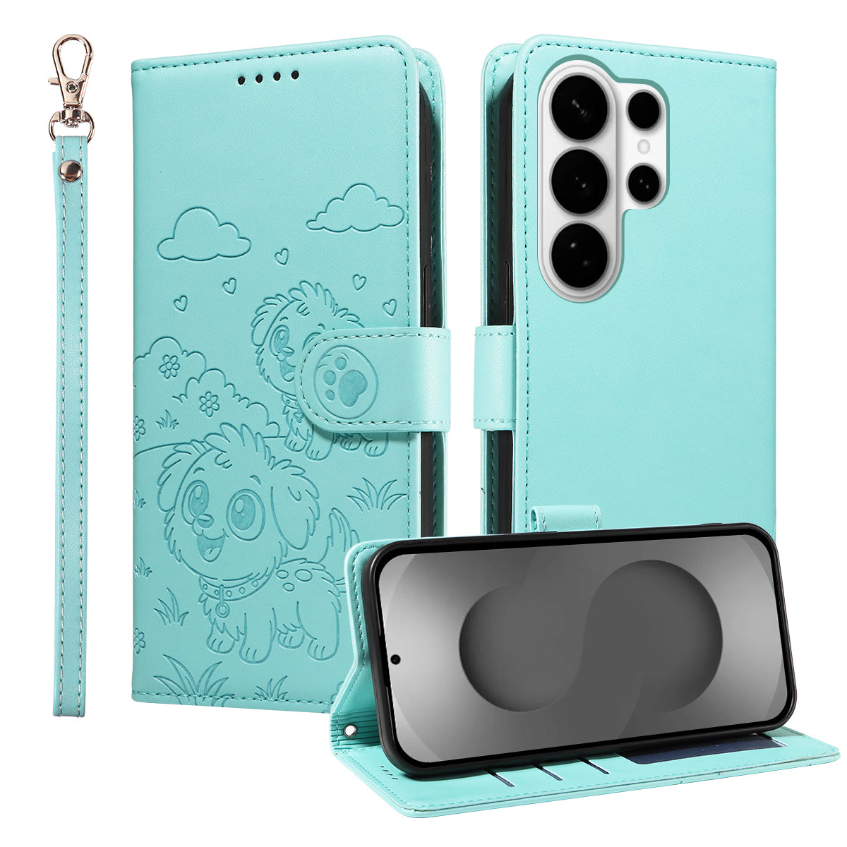 For-Samsung-Galaxy-S26-Ultra-Case-RFID-Blocking-Imprinted-Dog-Pattern-PU-Leather-Phone-Cover-with-Wrist-Strap-Green
