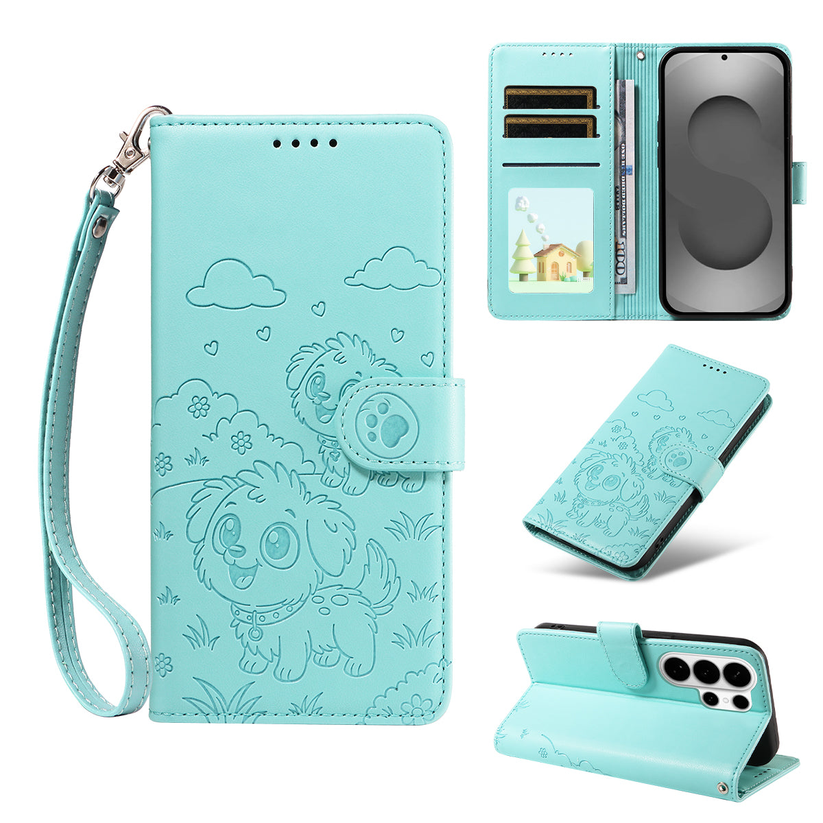 For-Samsung-Galaxy-S26-Ultra-Case-RFID-Blocking-Imprinted-Dog-Pattern-PU-Leather-Phone-Cover-with-Wrist-Strap-Green