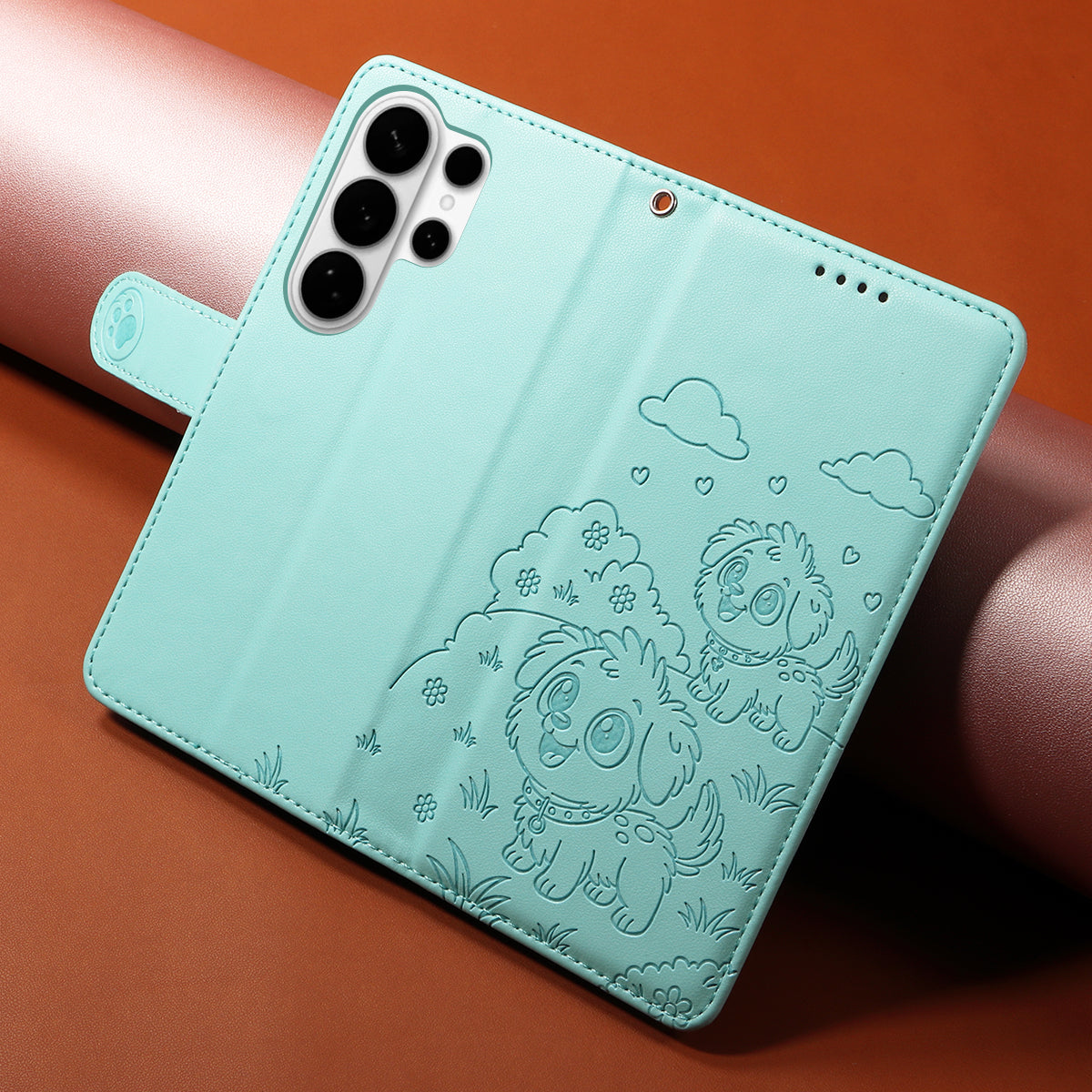 For-Samsung-Galaxy-S26-Ultra-Case-RFID-Blocking-Imprinted-Dog-Pattern-PU-Leather-Phone-Cover-with-Wrist-Strap-Green