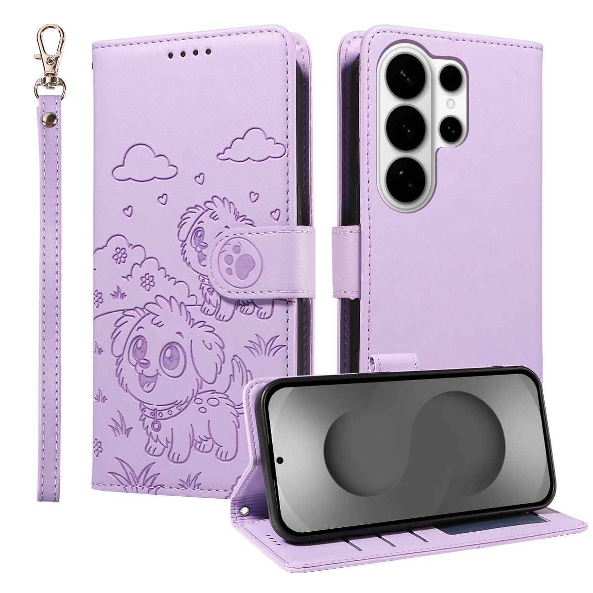 For-Samsung-Galaxy-S26-Ultra-Case-RFID-Blocking-Imprinted-Dog-Pattern-PU-Leather-Phone-Cover-with-Wrist-Strap-Purple