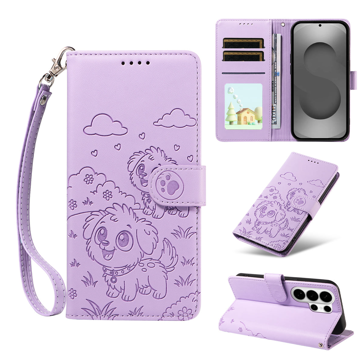 For-Samsung-Galaxy-S26-Ultra-Case-RFID-Blocking-Imprinted-Dog-Pattern-PU-Leather-Phone-Cover-with-Wrist-Strap-Purple