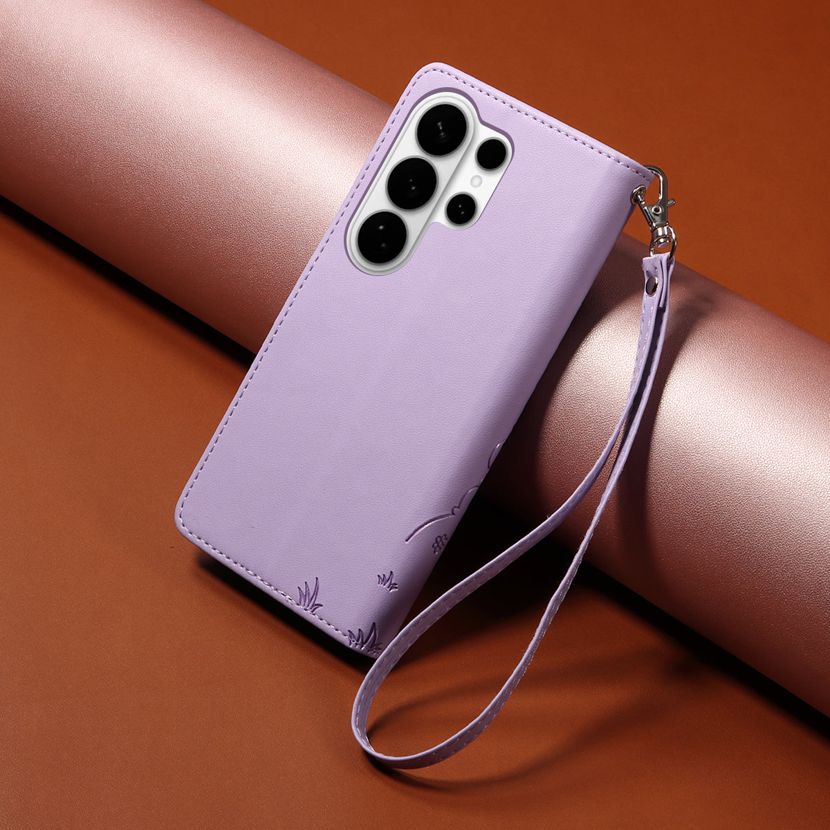 For-Samsung-Galaxy-S26-Ultra-Case-RFID-Blocking-Imprinted-Dog-Pattern-PU-Leather-Phone-Cover-with-Wrist-Strap-Purple