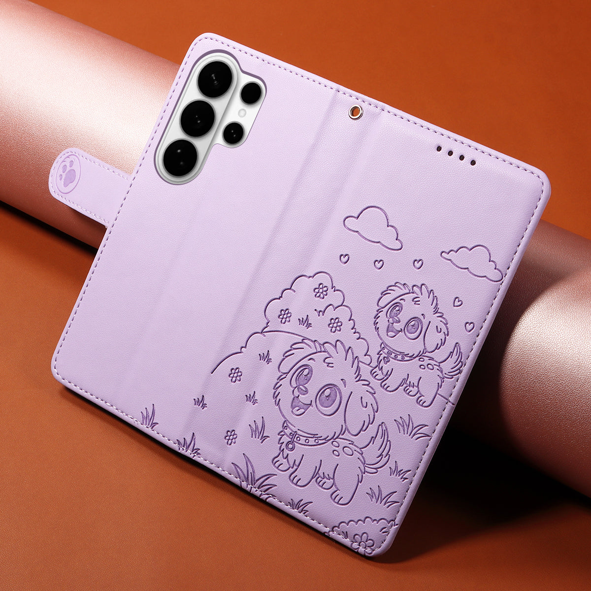 For-Samsung-Galaxy-S26-Ultra-Case-RFID-Blocking-Imprinted-Dog-Pattern-PU-Leather-Phone-Cover-with-Wrist-Strap-Purple