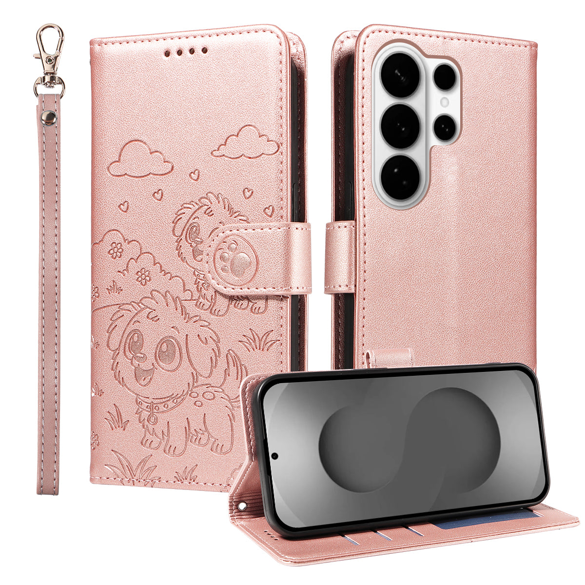For-Samsung-Galaxy-S26-Ultra-Case-RFID-Blocking-Imprinted-Dog-Pattern-PU-Leather-Phone-Cover-with-Wrist-Strap-Pink