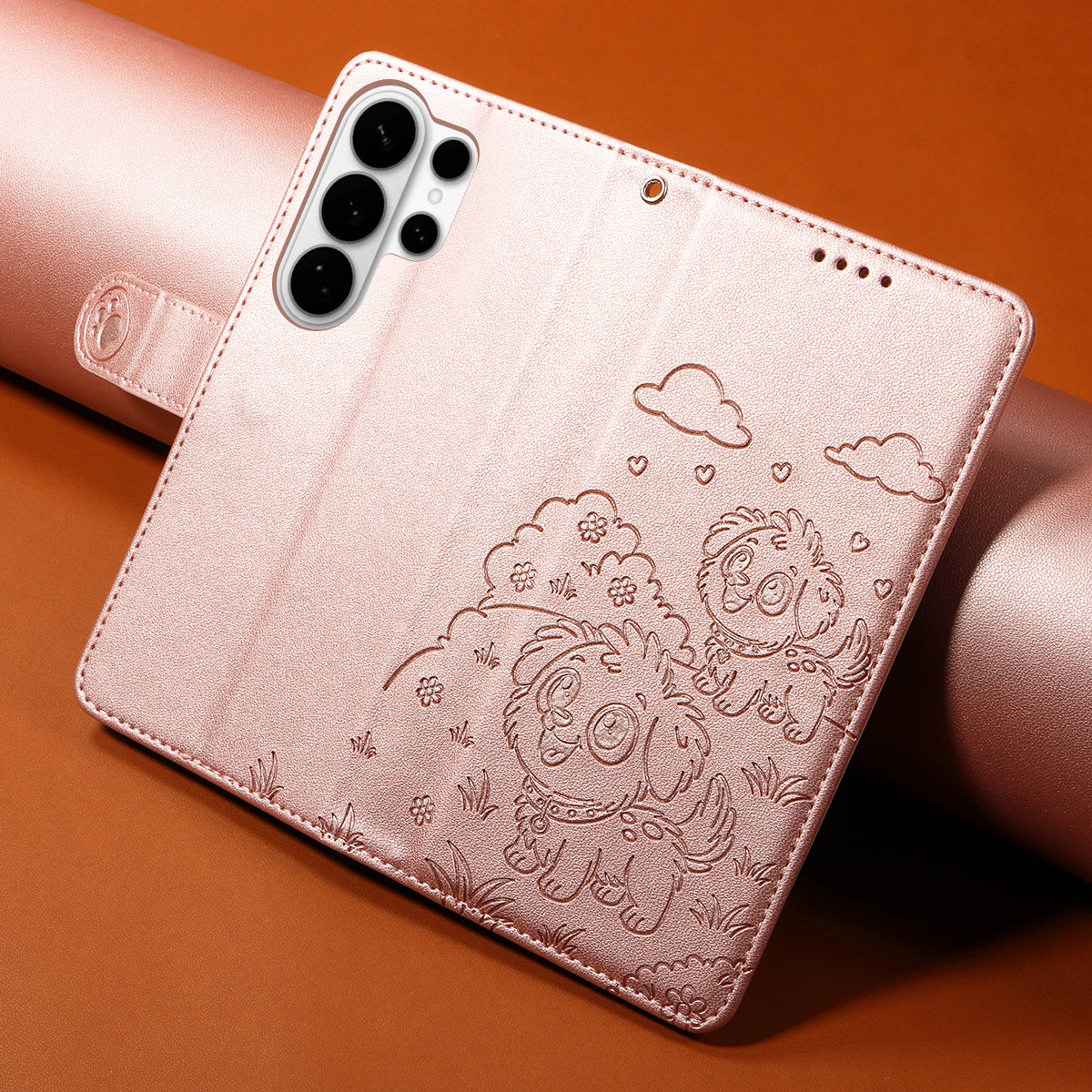 For-Samsung-Galaxy-S26-Ultra-Case-RFID-Blocking-Imprinted-Dog-Pattern-PU-Leather-Phone-Cover-with-Wrist-Strap-Pink