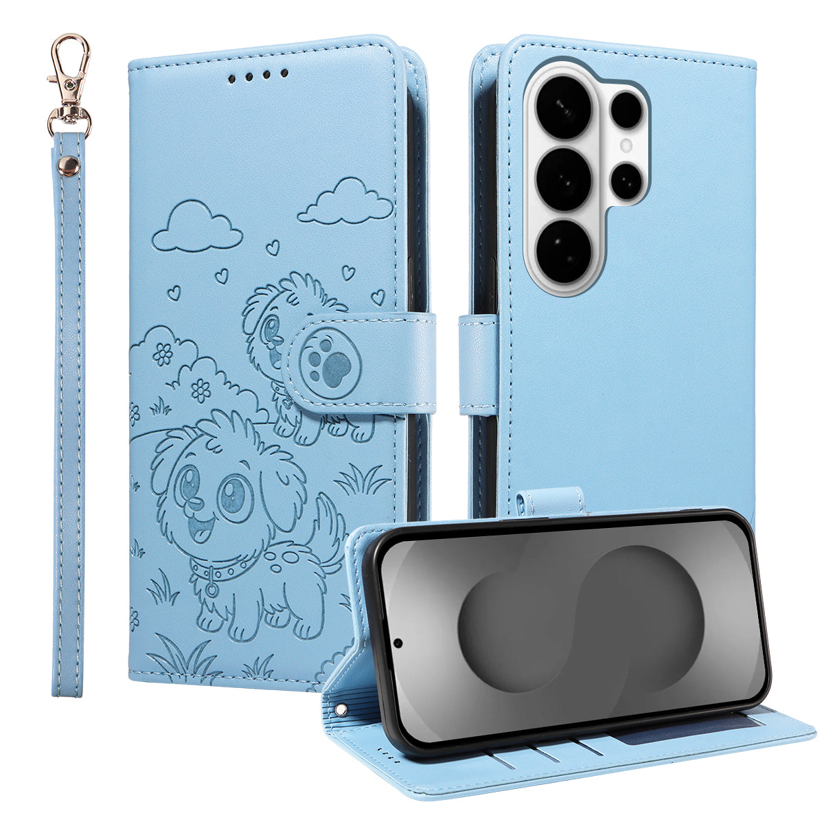 For-Samsung-Galaxy-S26-Ultra-Case-RFID-Blocking-Imprinted-Dog-Pattern-PU-Leather-Phone-Cover-with-Wrist-Strap-Blue