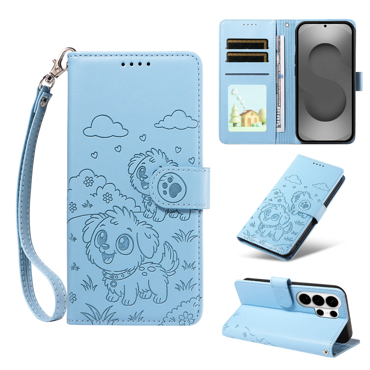 For-Samsung-Galaxy-S26-Ultra-Case-RFID-Blocking-Imprinted-Dog-Pattern-PU-Leather-Phone-Cover-with-Wrist-Strap-Blue