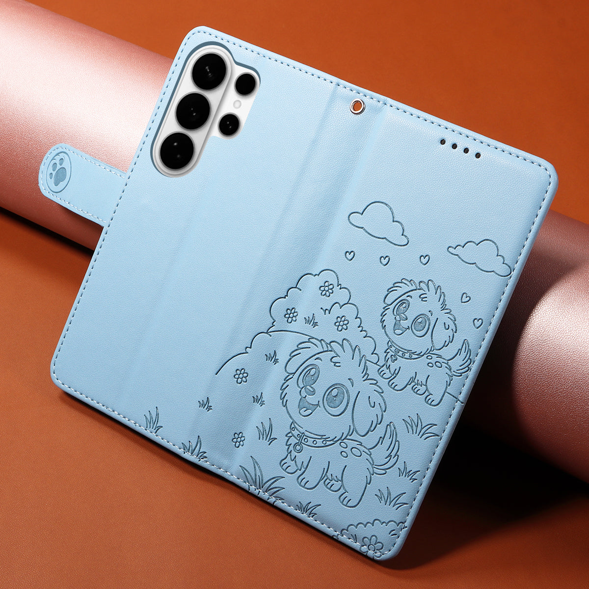 For-Samsung-Galaxy-S26-Ultra-Case-RFID-Blocking-Imprinted-Dog-Pattern-PU-Leather-Phone-Cover-with-Wrist-Strap-Blue