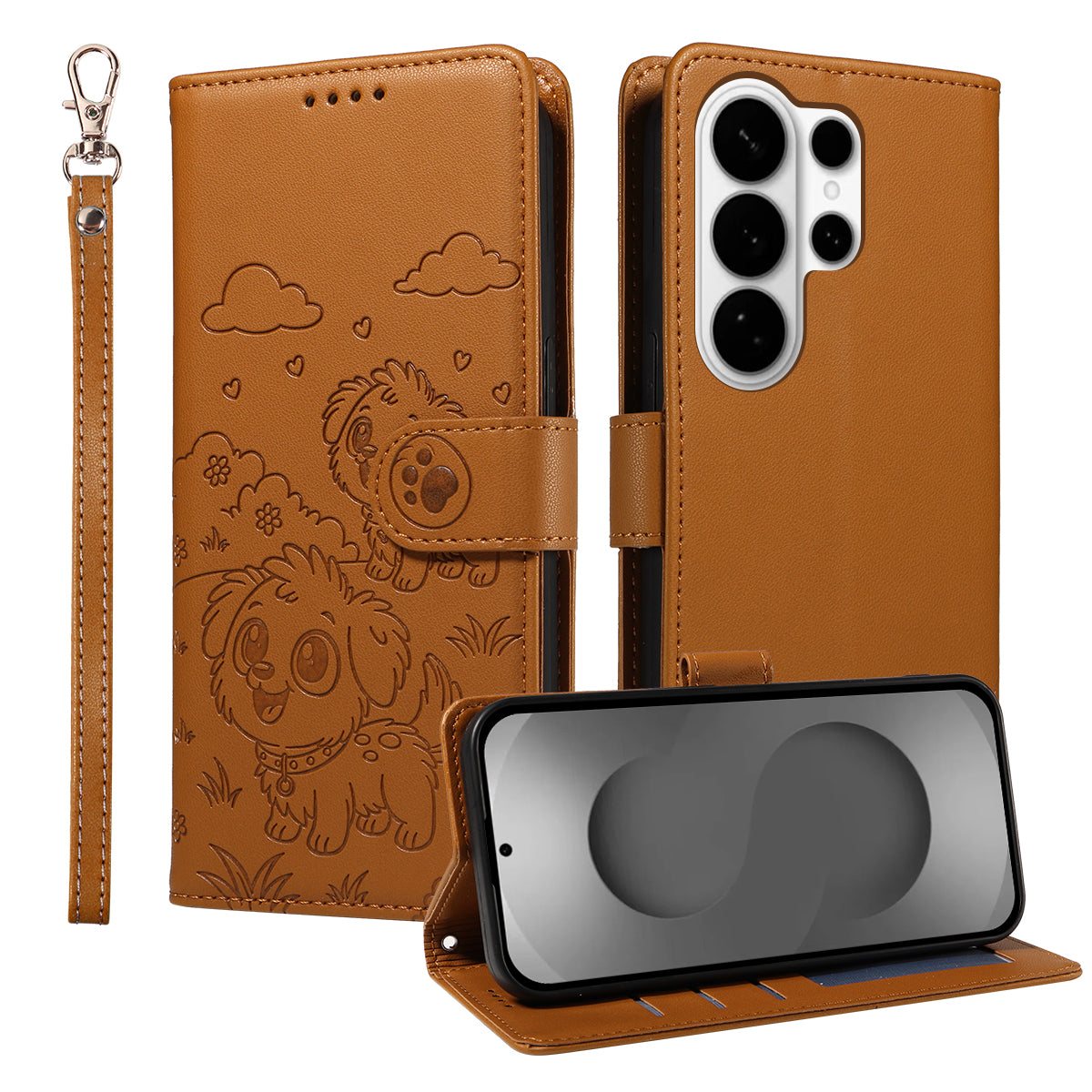 For-Samsung-Galaxy-S26-Ultra-Case-RFID-Blocking-Imprinted-Dog-Pattern-PU-Leather-Phone-Cover-with-Wrist-Strap-Brown
