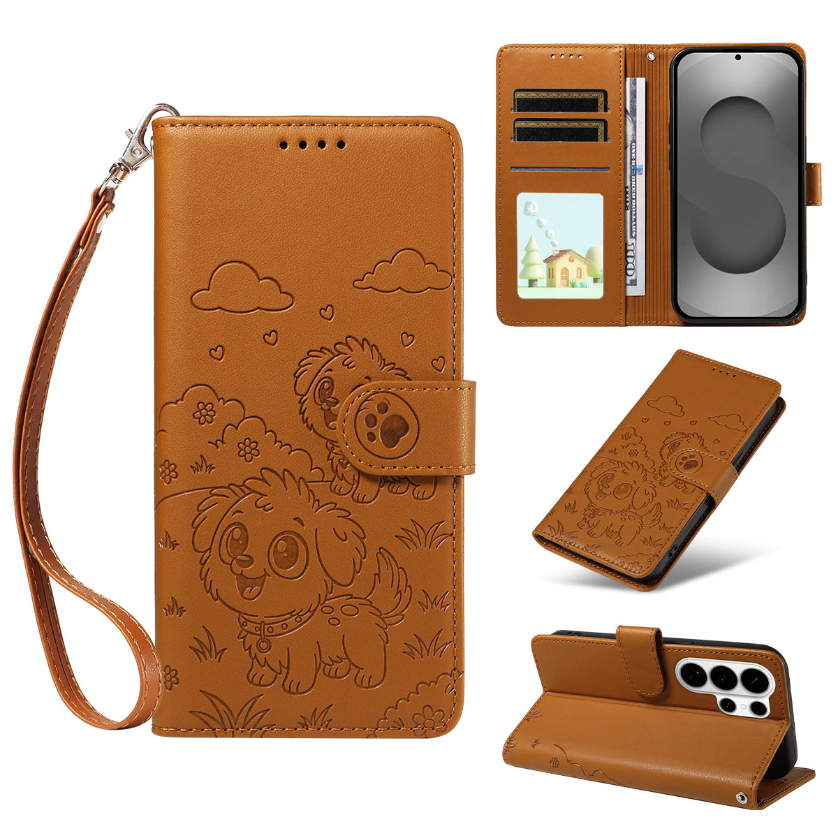 For-Samsung-Galaxy-S26-Ultra-Case-RFID-Blocking-Imprinted-Dog-Pattern-PU-Leather-Phone-Cover-with-Wrist-Strap-Brown