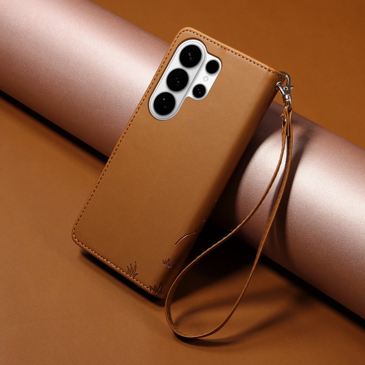 For-Samsung-Galaxy-S26-Ultra-Case-RFID-Blocking-Imprinted-Dog-Pattern-PU-Leather-Phone-Cover-with-Wrist-Strap-Brown