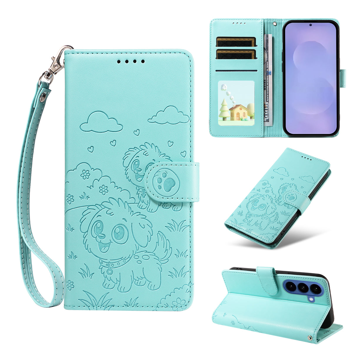 For-Samsung-Galaxy-S26-/-S26-Pro-Case-RFID-Blocking-Imprinted-Dog-Pattern-PU-Leather-Phone-Cover-with-Wrist-Strap-Green