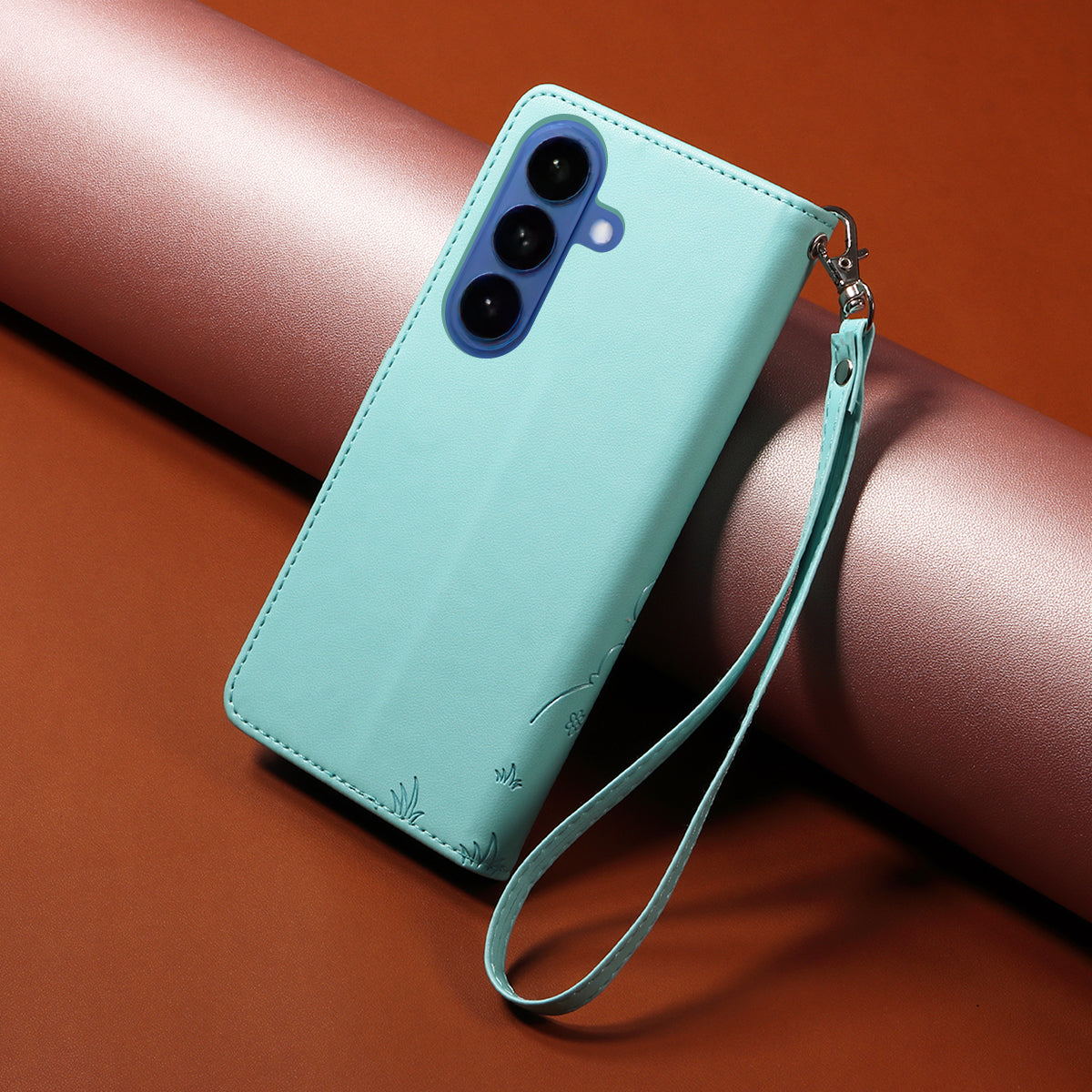 For-Samsung-Galaxy-S26-/-S26-Pro-Case-RFID-Blocking-Imprinted-Dog-Pattern-PU-Leather-Phone-Cover-with-Wrist-Strap-Green