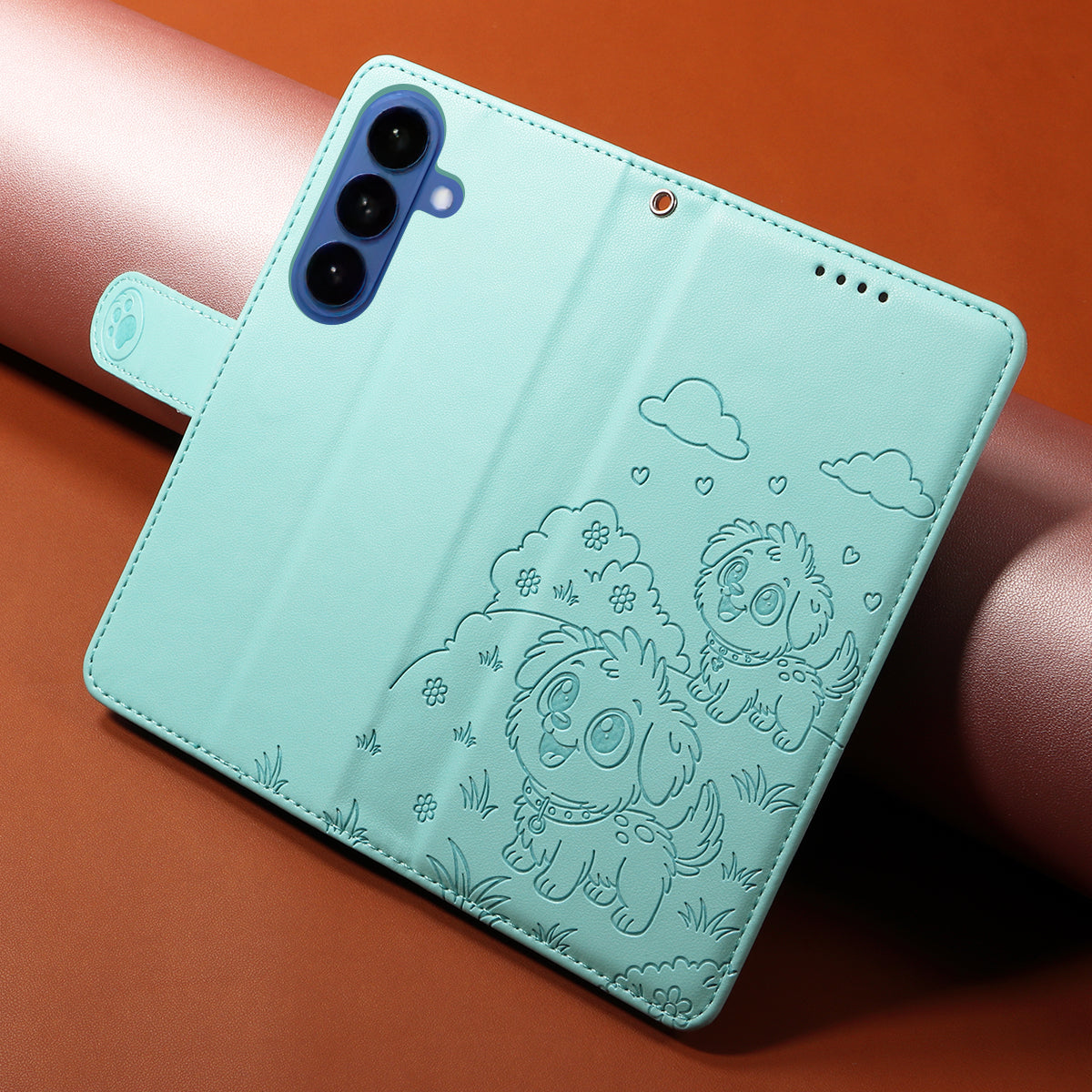 For-Samsung-Galaxy-S26-/-S26-Pro-Case-RFID-Blocking-Imprinted-Dog-Pattern-PU-Leather-Phone-Cover-with-Wrist-Strap-Green