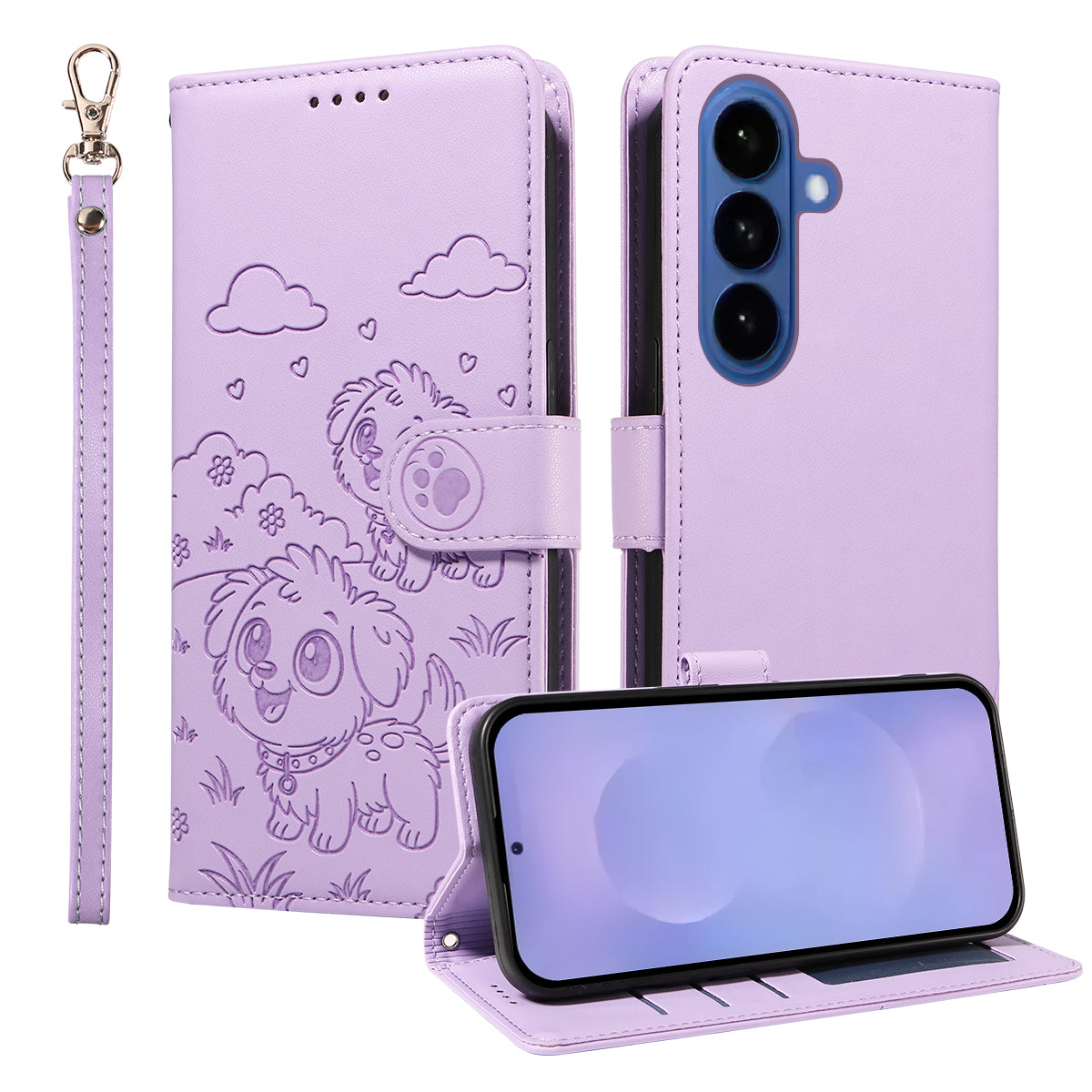 For-Samsung-Galaxy-S26-/-S26-Pro-Case-RFID-Blocking-Imprinted-Dog-Pattern-PU-Leather-Phone-Cover-with-Wrist-Strap-Purple