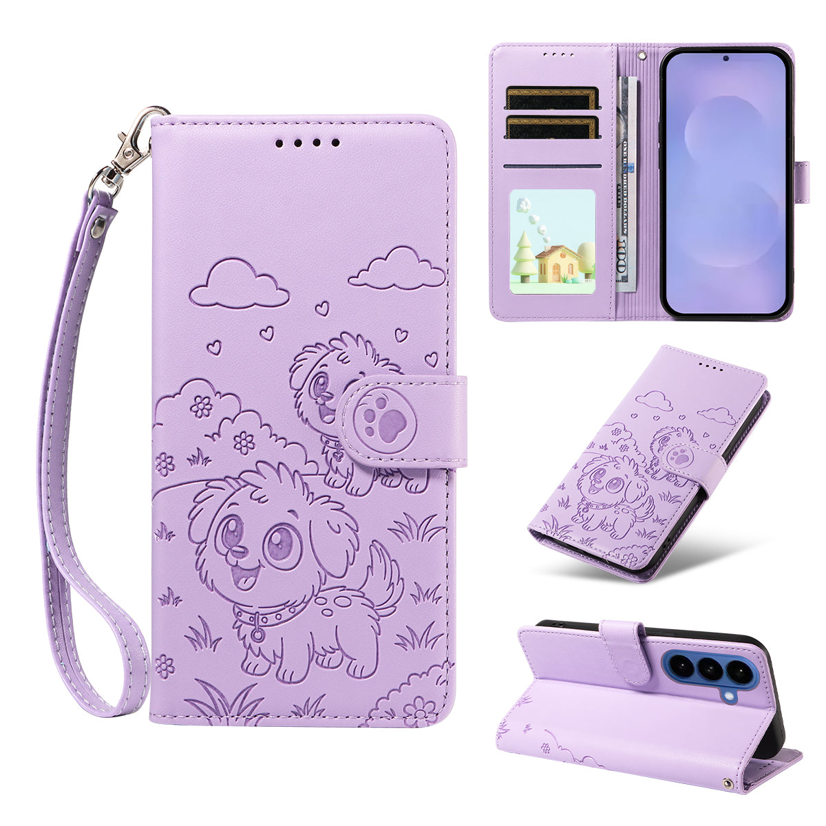 For-Samsung-Galaxy-S26-/-S26-Pro-Case-RFID-Blocking-Imprinted-Dog-Pattern-PU-Leather-Phone-Cover-with-Wrist-Strap-Purple
